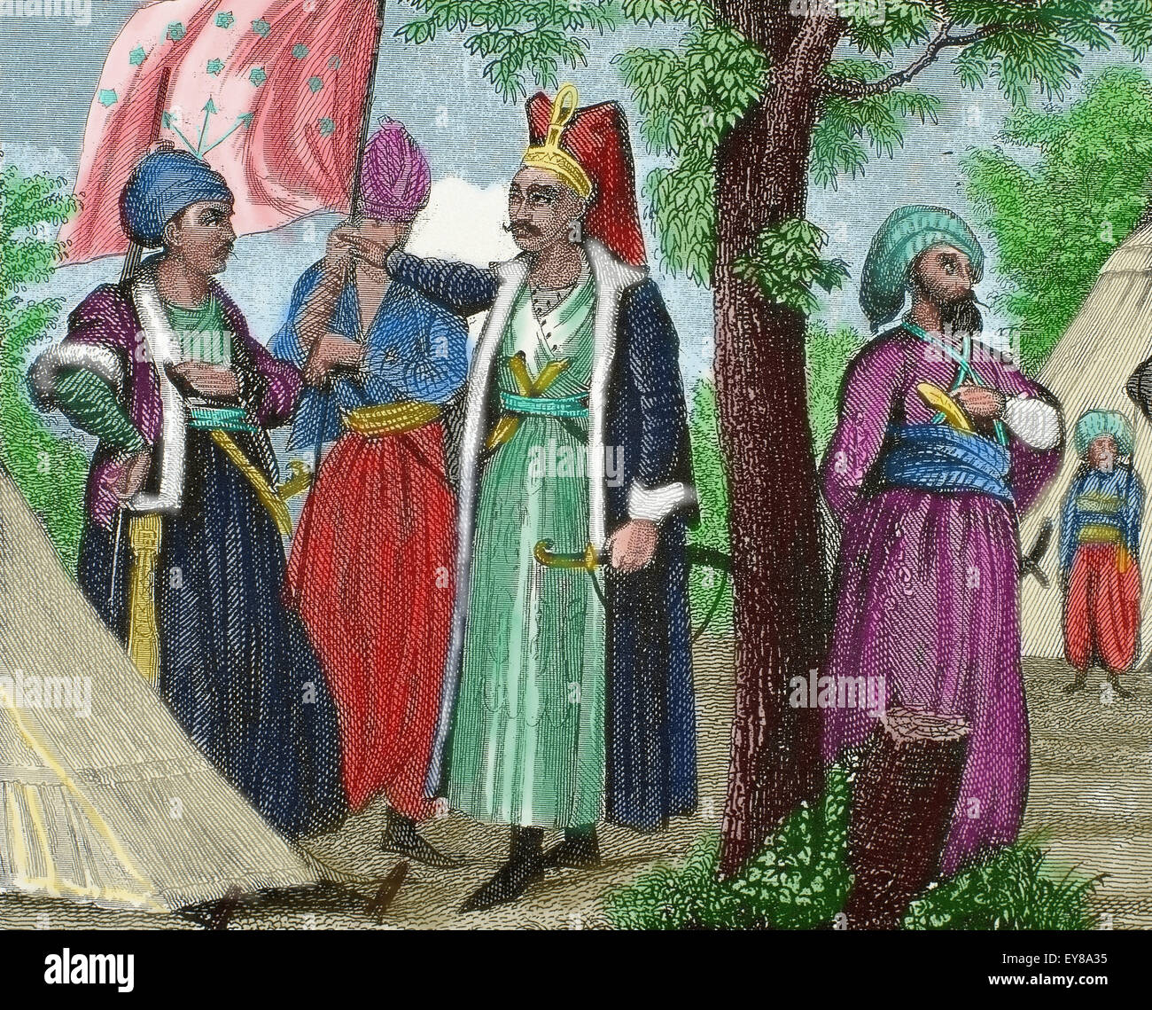 Janissaires. Les unités d'infanterie d'élite qui a formé le Sultan Ottoman, des soldats et des gardes du corps. La gravure. 19e siècle. De couleur. Banque D'Images