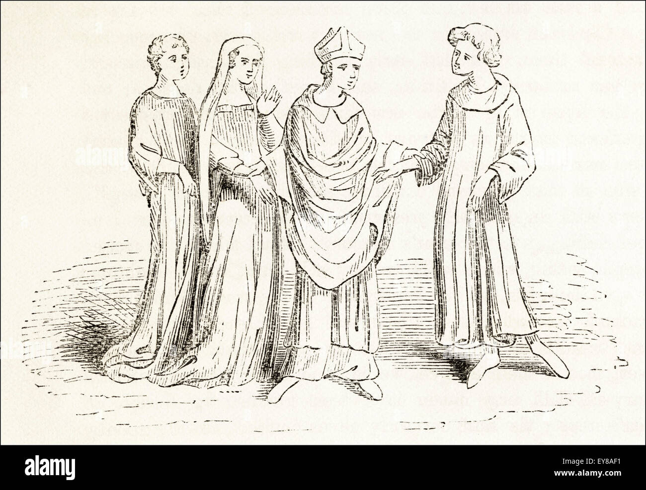 Mariage du père Gilbert Beket ( ) et ( ) de la mère de Mathilde Thomas Becket. La gravure sur bois victorien circa 1845. Banque D'Images