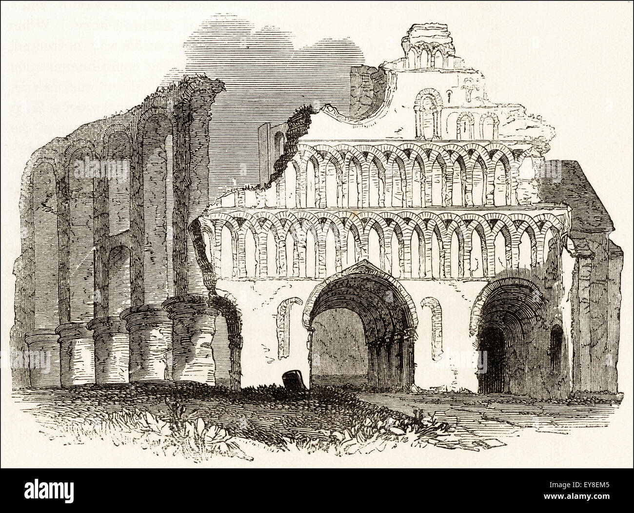 Ruines du Prieuré St Botolph, Colchester, Essex. La gravure sur bois victorien circa 1845. Banque D'Images