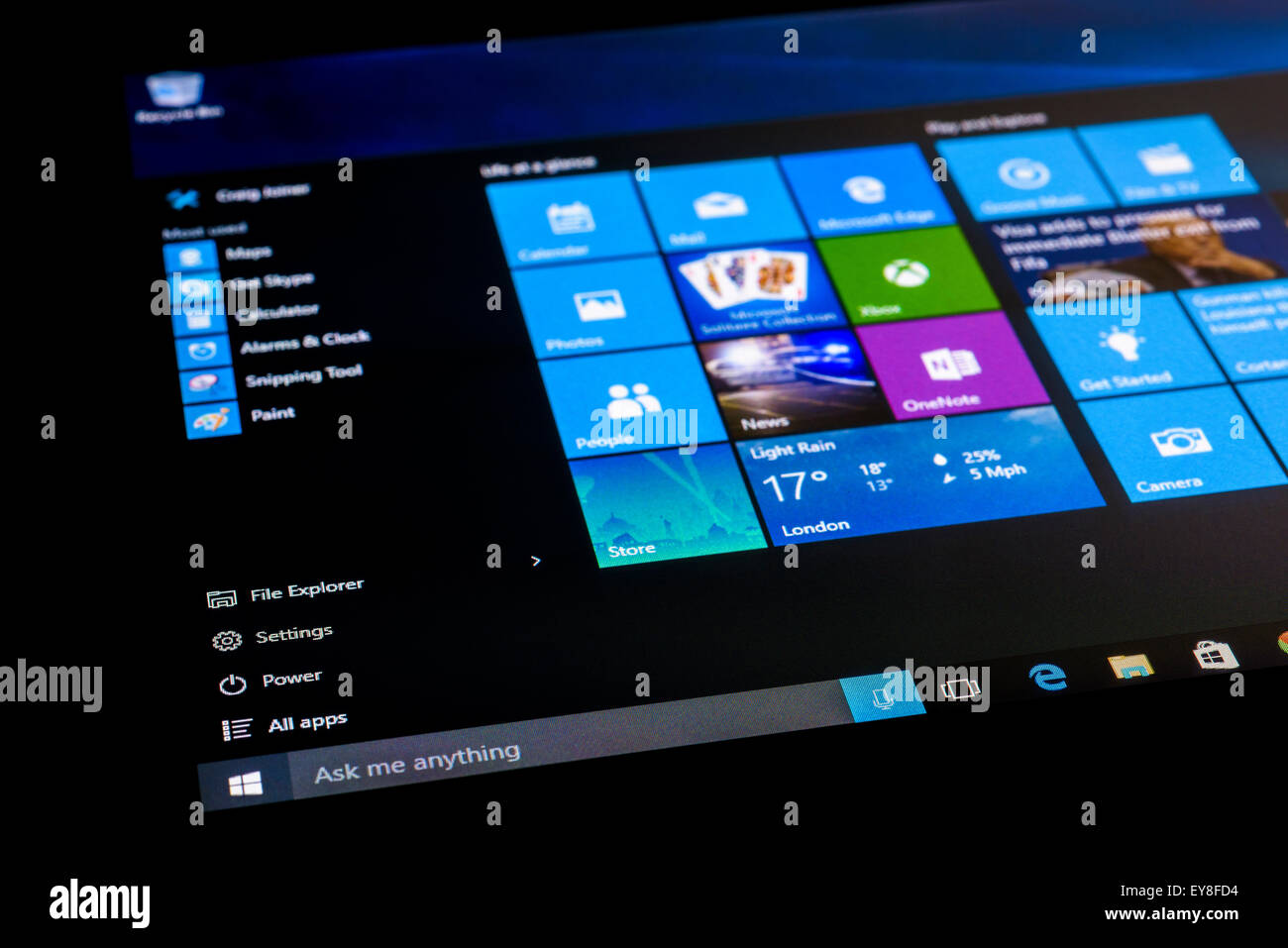 Le menu Démarrer de Microsoft Windows 10. Banque D'Images