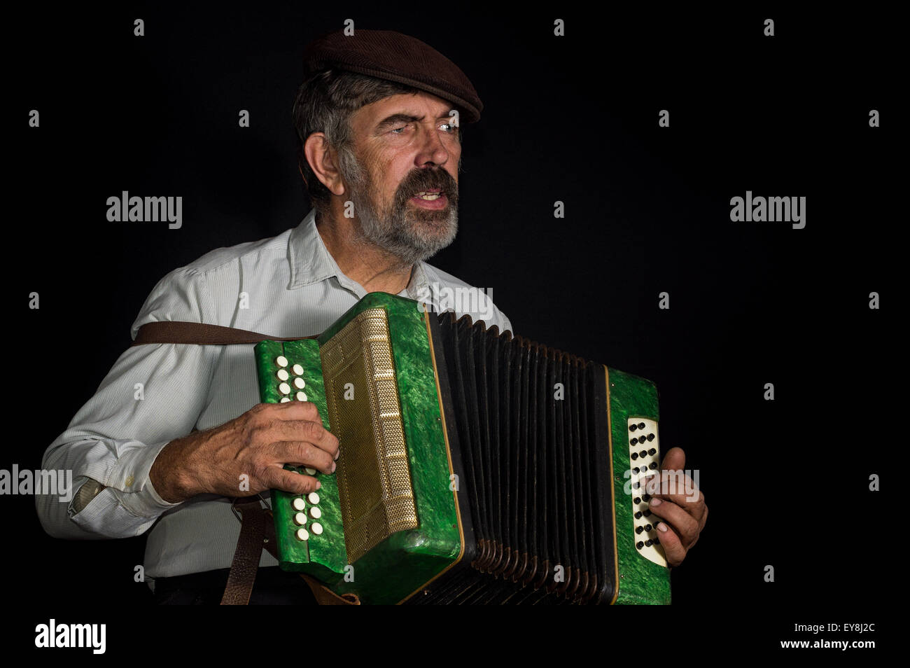 Portrait (faible) d'une vieille paysanne ukrainienne de chanter tout en jouant de l'accordéon bouton Banque D'Images