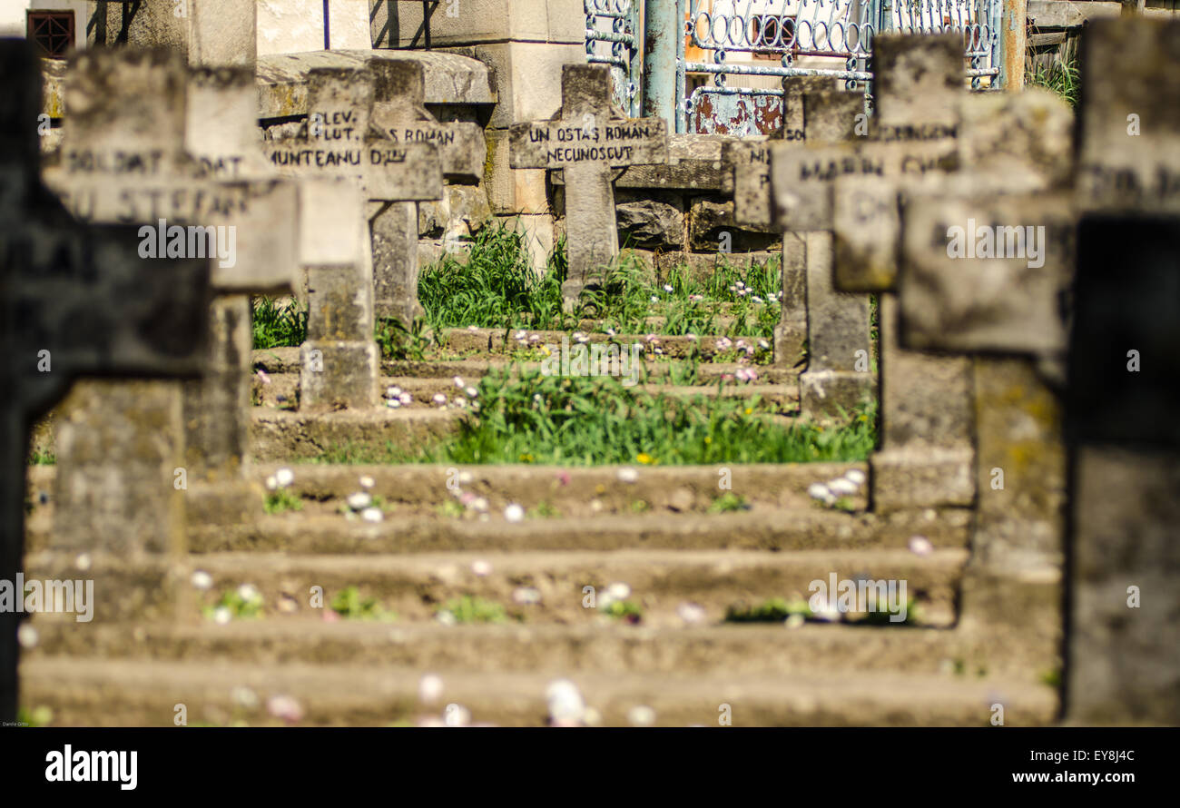 Cimetière en Roumanie marqueurs funéraires honorant les soldats dans un cimetière serein par une journée ensoleillée Banque D'Images