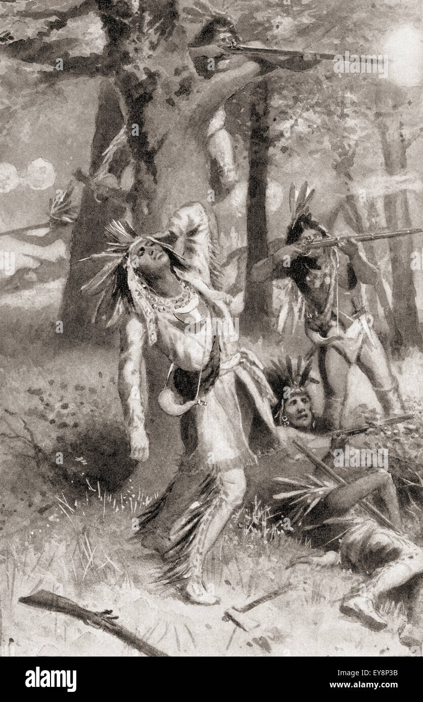 La mort de Tecumseh au cours de la bataille de la Thames, le 5 octobre 1813. Tecumseh, 1768 -1813. Native American chef de la tribu Shawnee et une grande confédération connue comme la confédération de Tecumseh. Banque D'Images