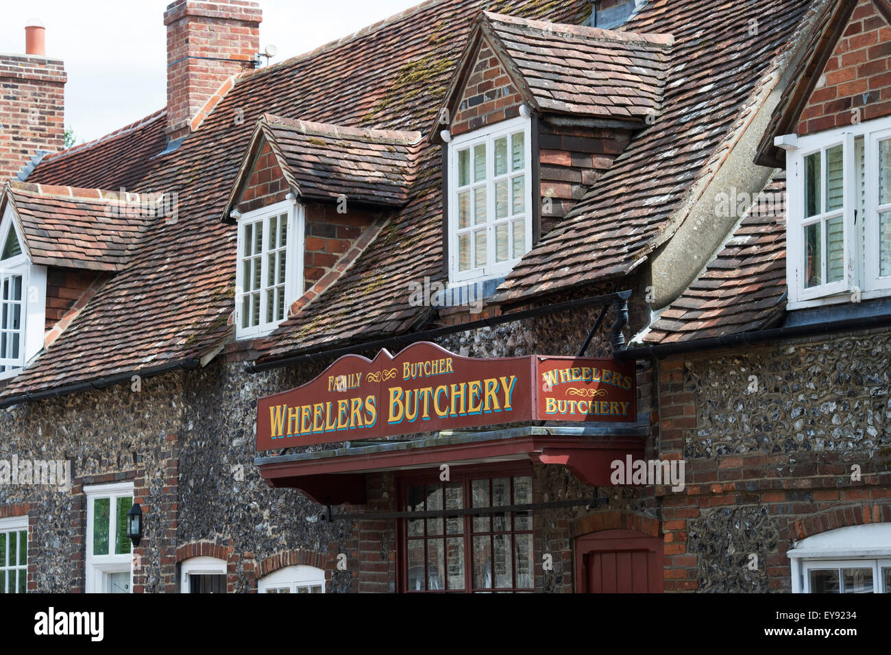 L'Ancienne Boucherie shop cottage avec sign in Hambleden, Buckinghamshire, Angleterre Banque D'Images