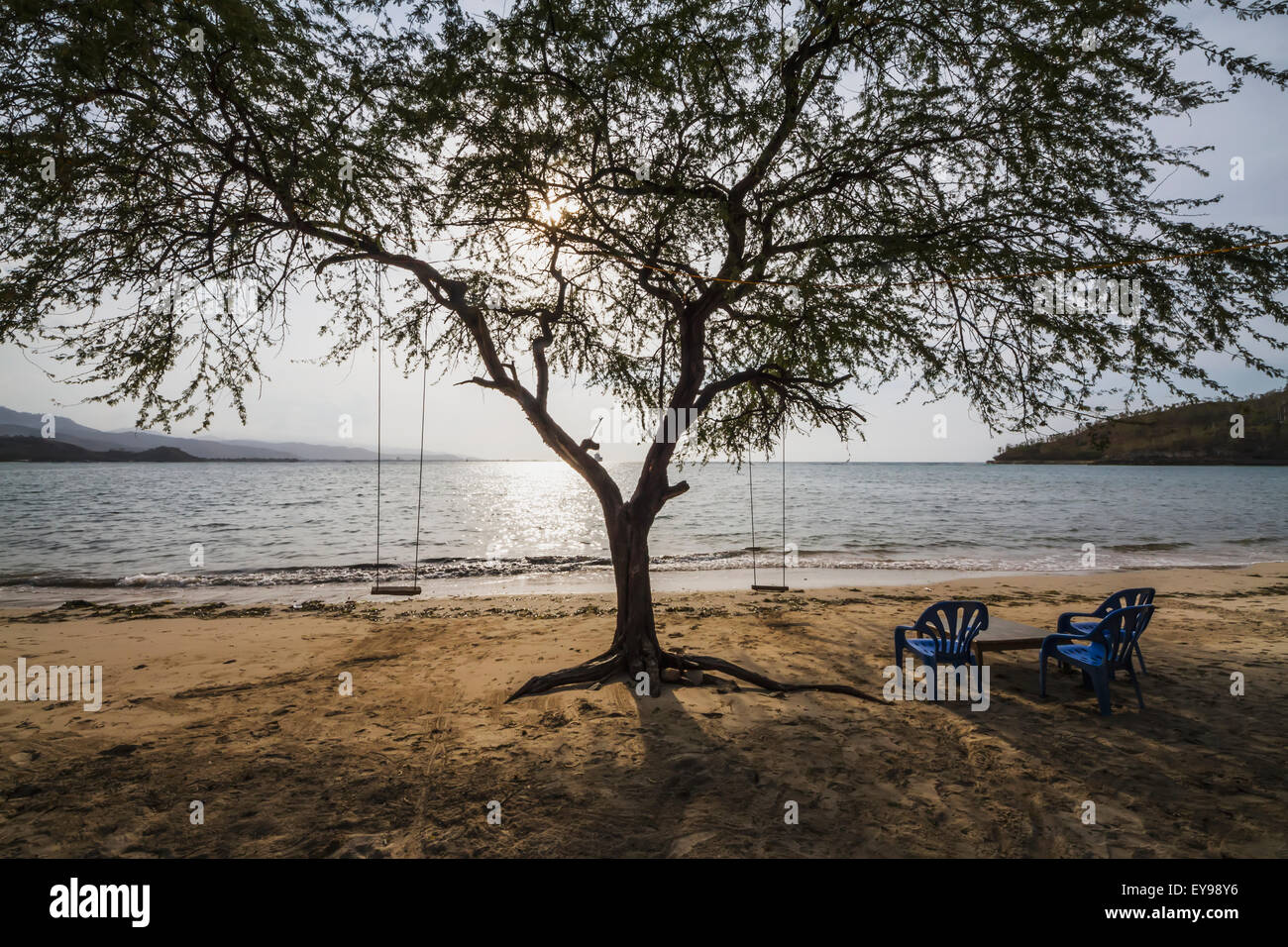 Chaises et arbre dans Areia Branca beach ; Dili, Timor Oriental Banque D'Images