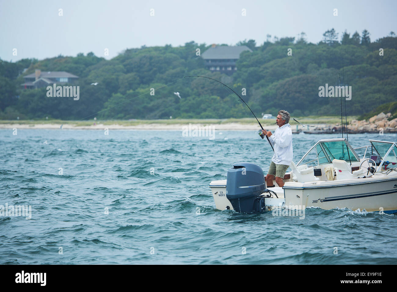 L'homme à partir d'un bateau de pêche, à Cape Cod, Massachusetts, États-Unis d'Amérique Banque D'Images L'homme à partir d'un bateau de pêche, à Cape Cod, Massachusetts, États-Unis d'Amérique Banque D'Images