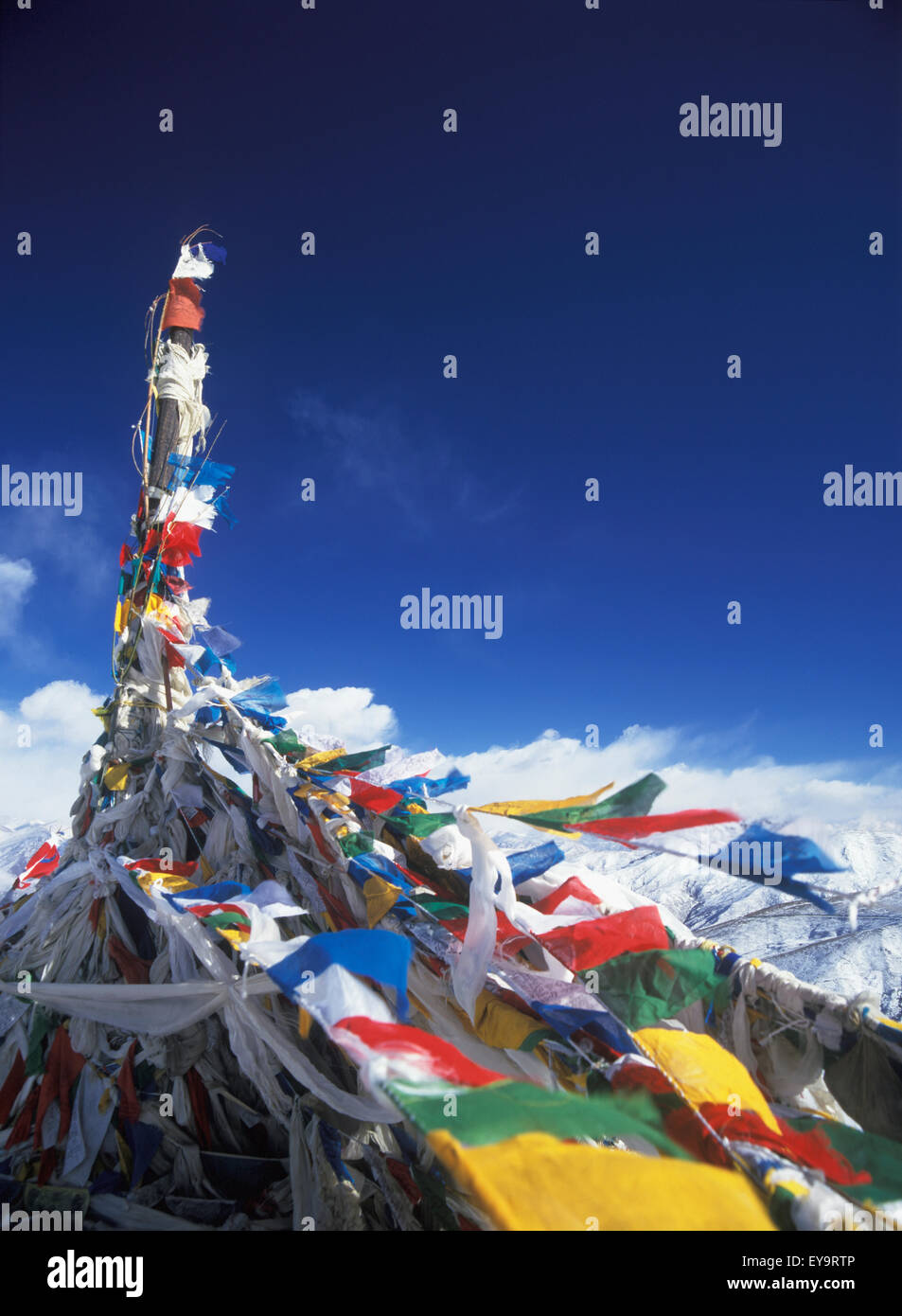 Les drapeaux de prières sur les Kamba La Pass, Close Up Banque D'Images