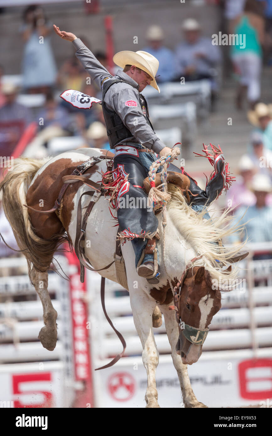 Cheyenne, Wyoming, USA. 24 juillet, 2015. Saddle Bronc rider Jacobs Crawley se bloque sur l'plutôt loufoques de Cheyenne Frontier Days à Frontier Park Arena le 24 juillet 2015 à Cheyenne, Wyoming. Frontier Days célèbre les traditions de l'ouest cowboy avec un rodéo, défilé et juste. Banque D'Images