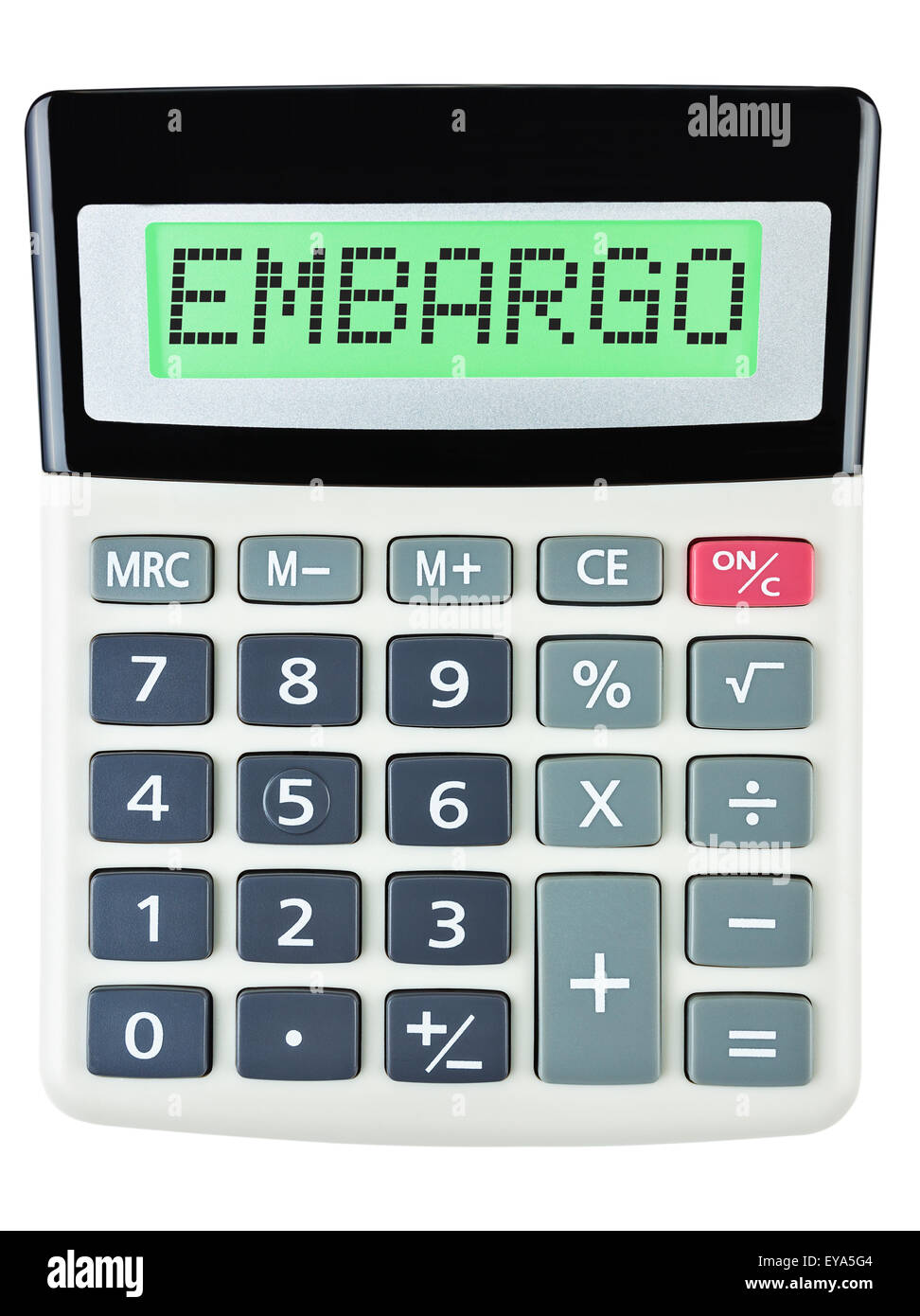 Calculatrice avec affichage sur l'embargo isolé sur fond blanc Banque D'Images