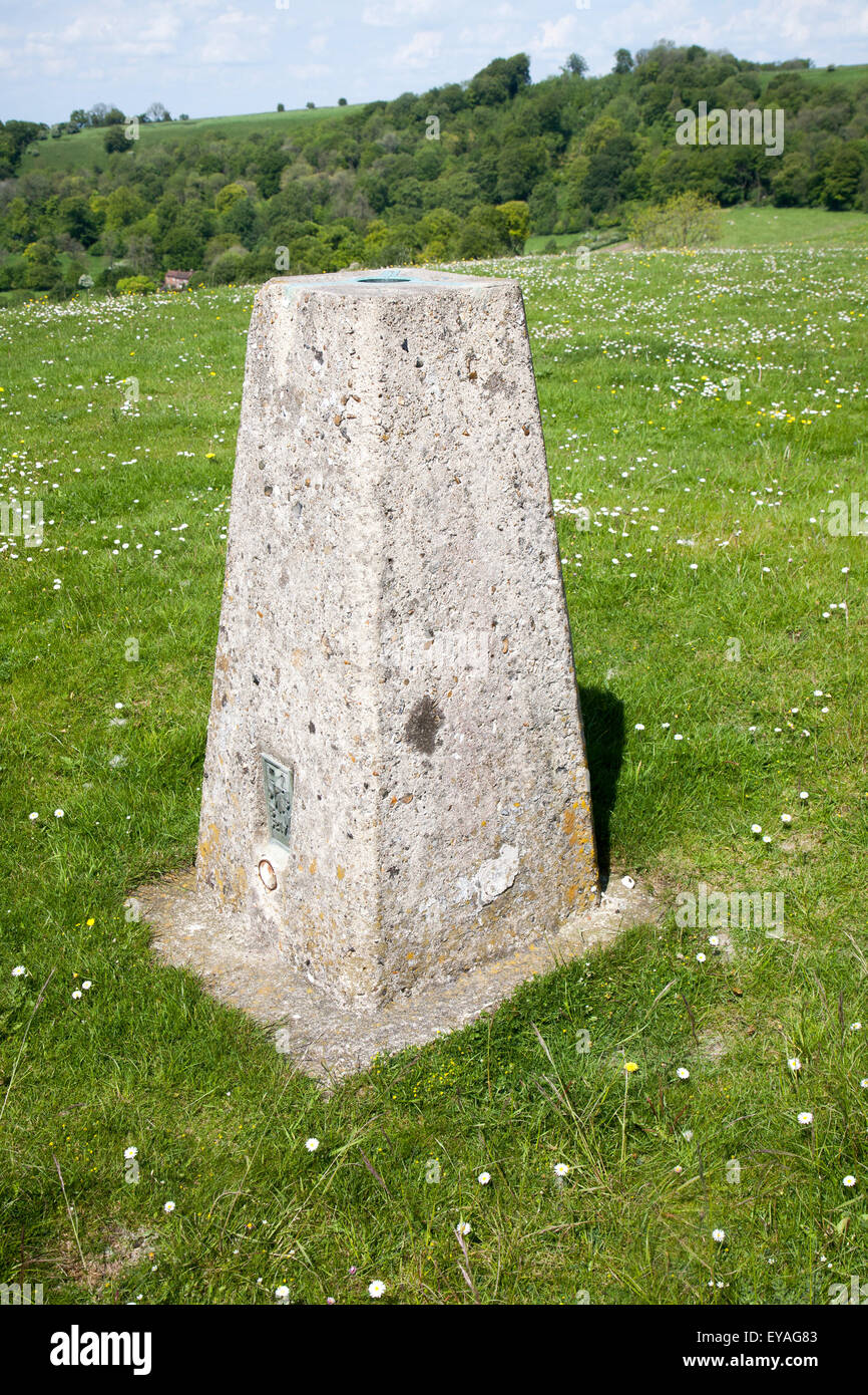 La triangulation de béton sur pied d'une colline de craie la tombe de Géant, près de Oare, Wiltshire, England, UK Banque D'Images