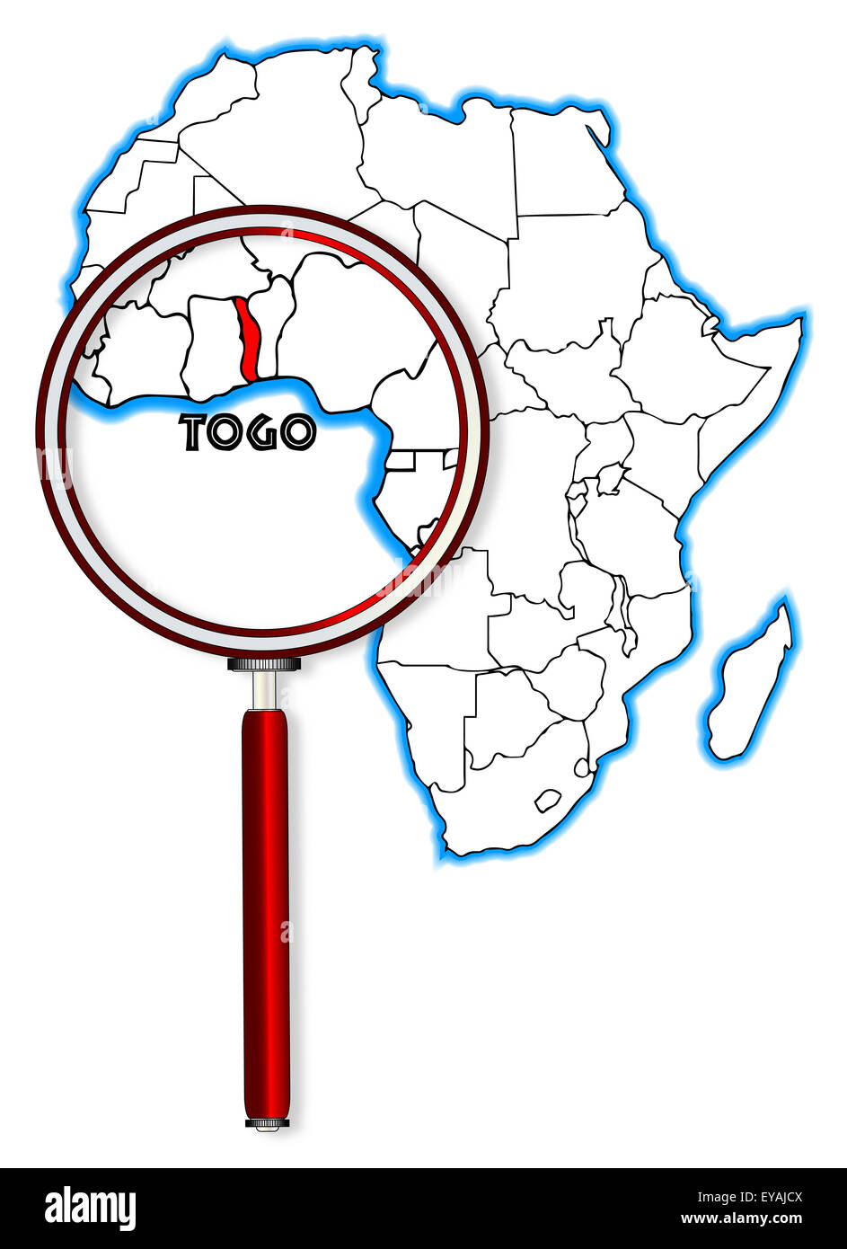 Togo contours insérés dans une carte de l'Afrique sur un fond blanc Banque D'Images