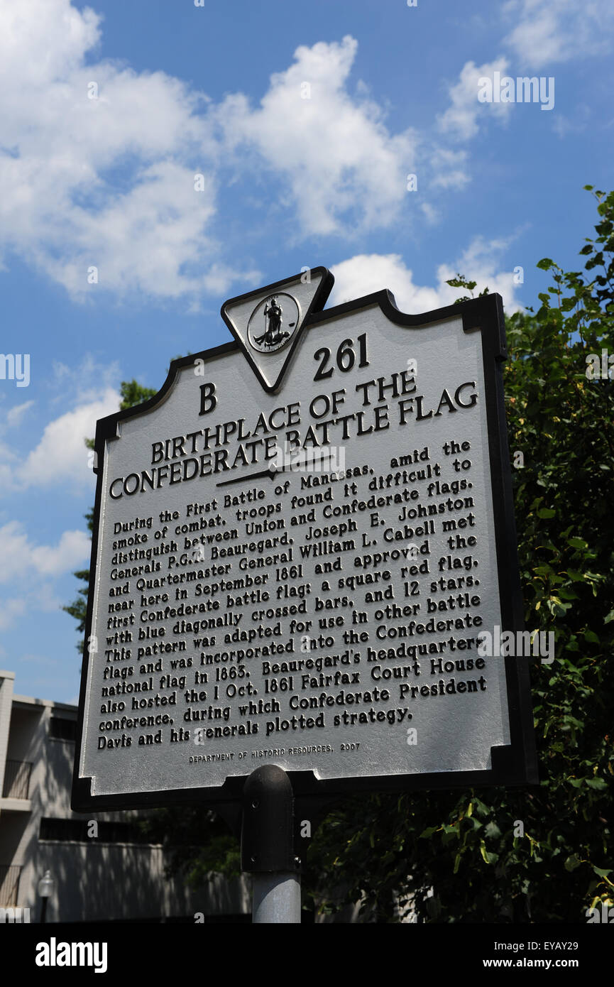 USA Virginia VA Fairfax City ici la première bataille confédéré drapeau était d'abord fait - repère historique sur la rue Main Banque D'Images