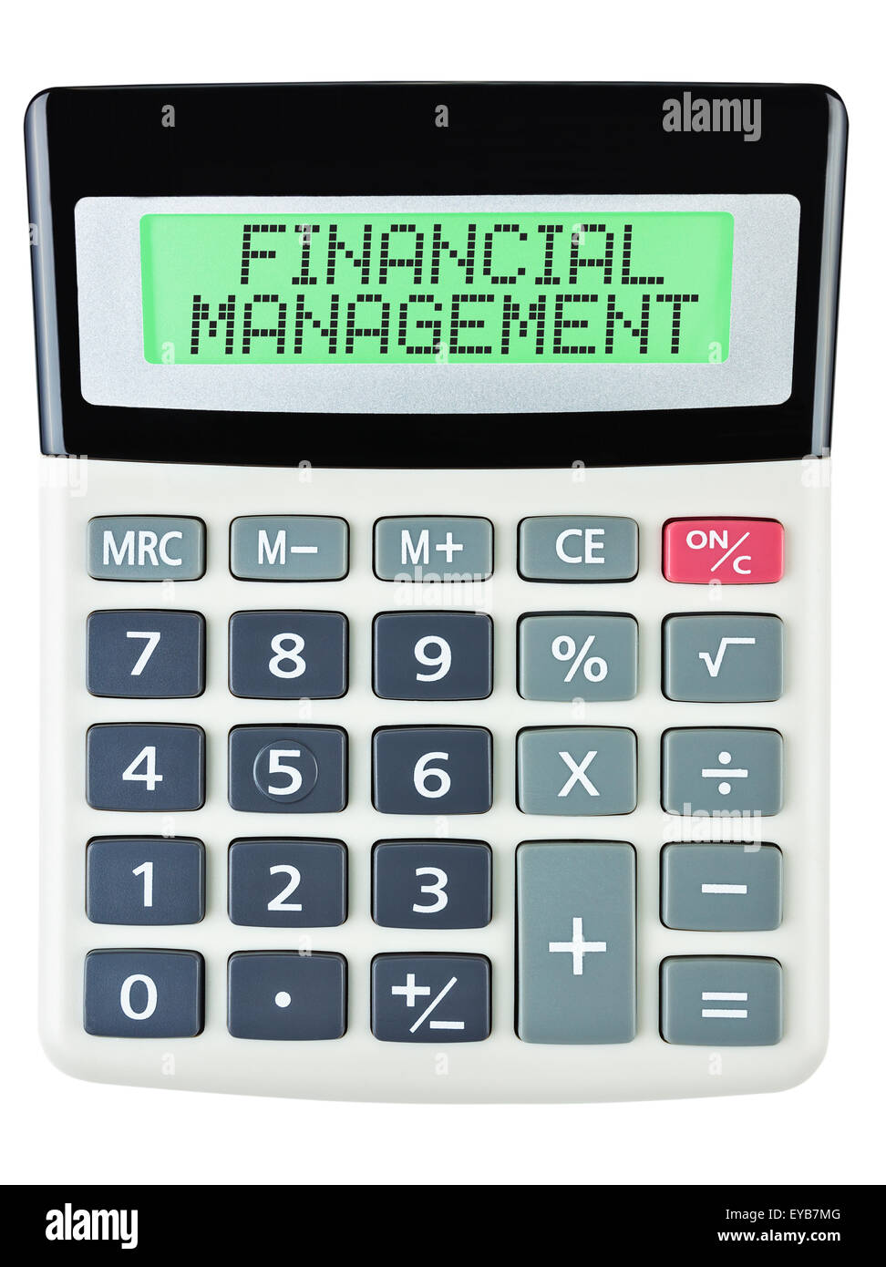 Gestion financière calculatrice avec affichage sur isolé sur fond blanc Banque D'Images