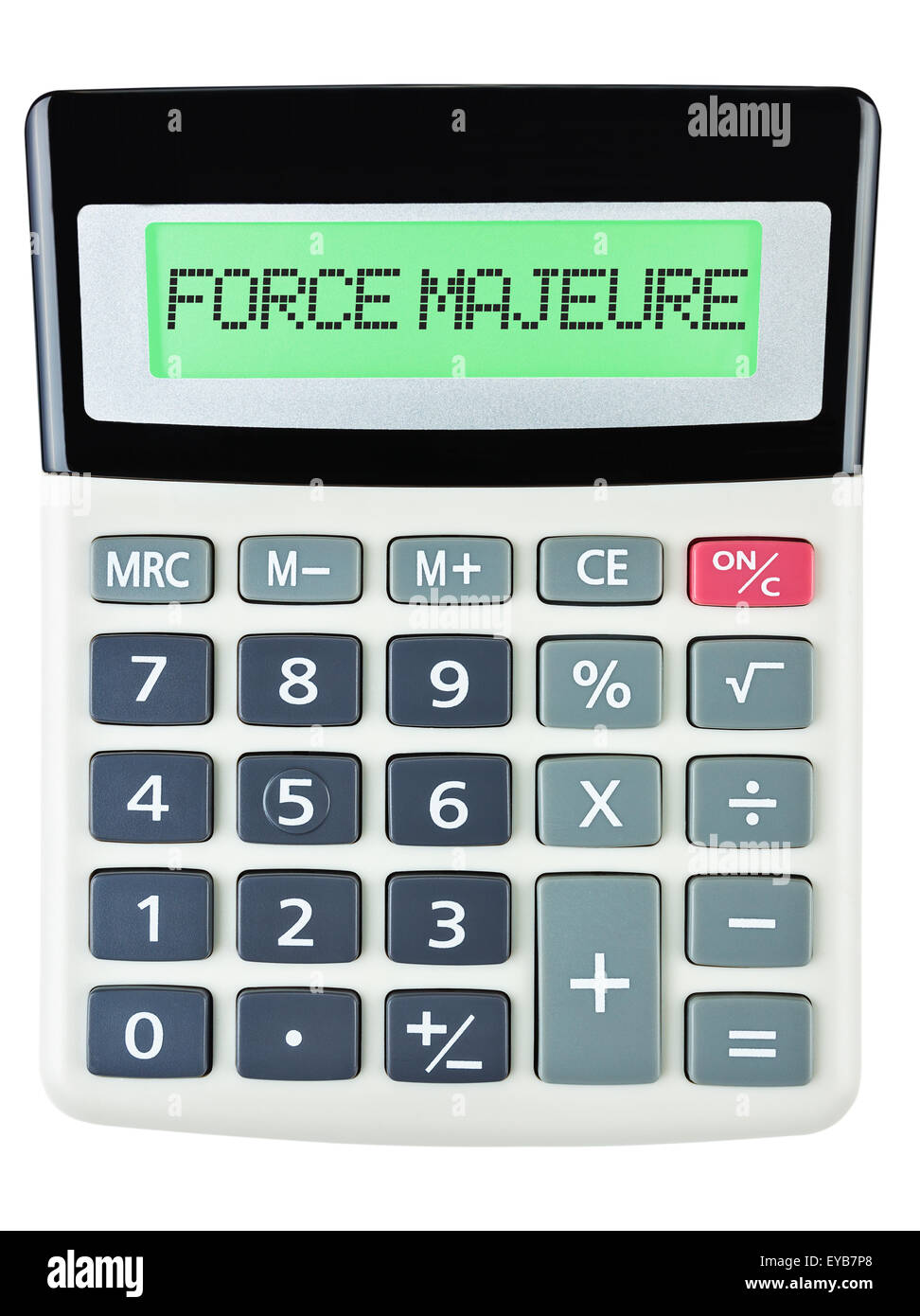 Calculatrice avec FORCE MAJEURE sur l'affichage sur fond blanc Banque D'Images