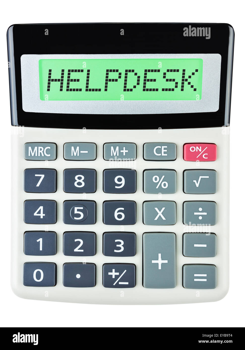 Calculatrice avec affichage sur HELPDESK isolé sur fond blanc Banque D'Images