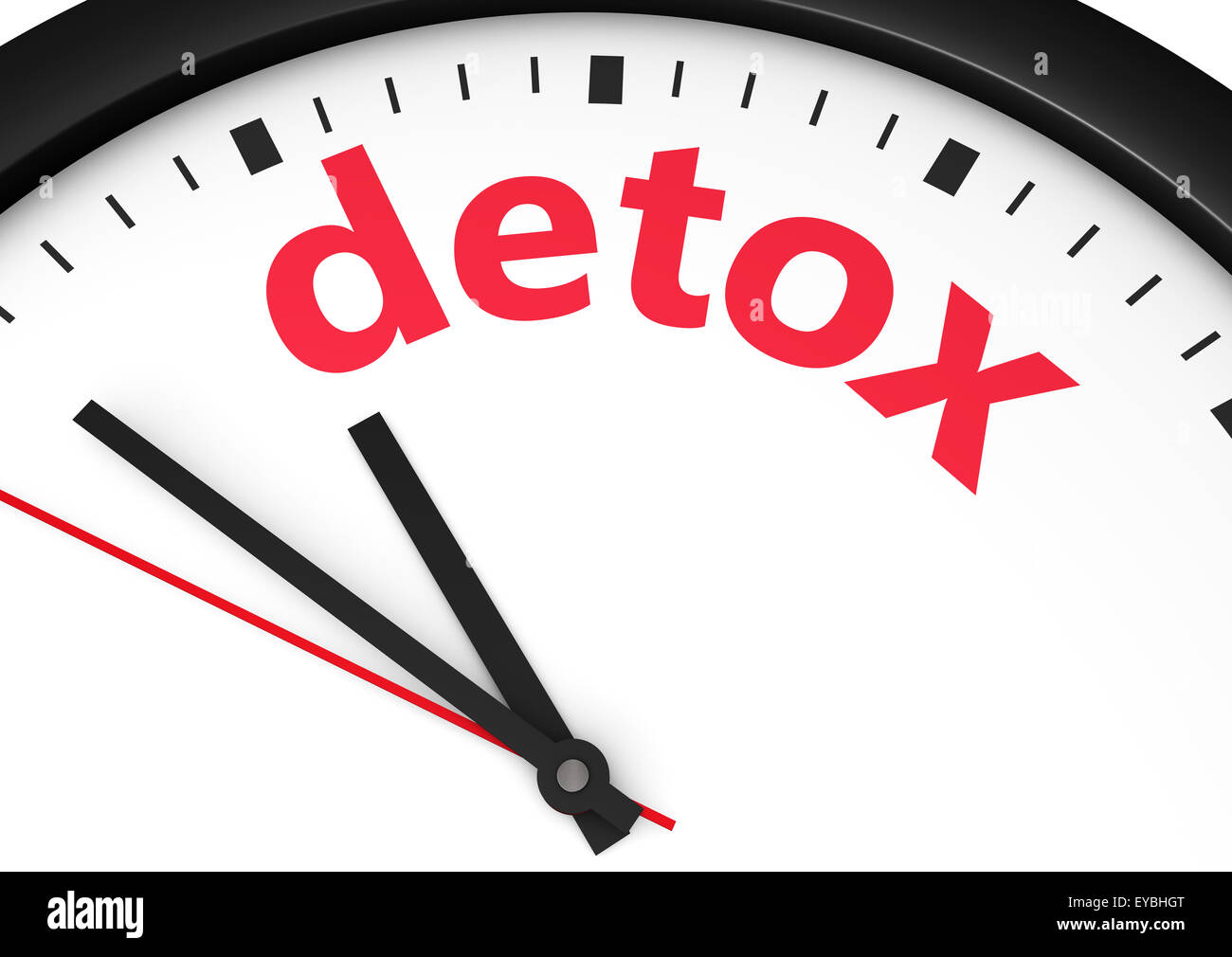 Le temps de vie sain régime de detox soins du corps et de l'image conceptuelle avec une horloge murale et de désintoxication signe texte imprimé en rouge. Banque D'Images