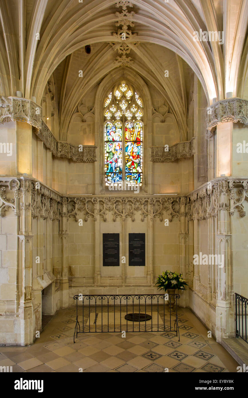 Tombe de Léonard de Vinci, chapelle Saint Hubert, Château d'Amboise, Indre-et-Loire, Centre, France Banque D'Images