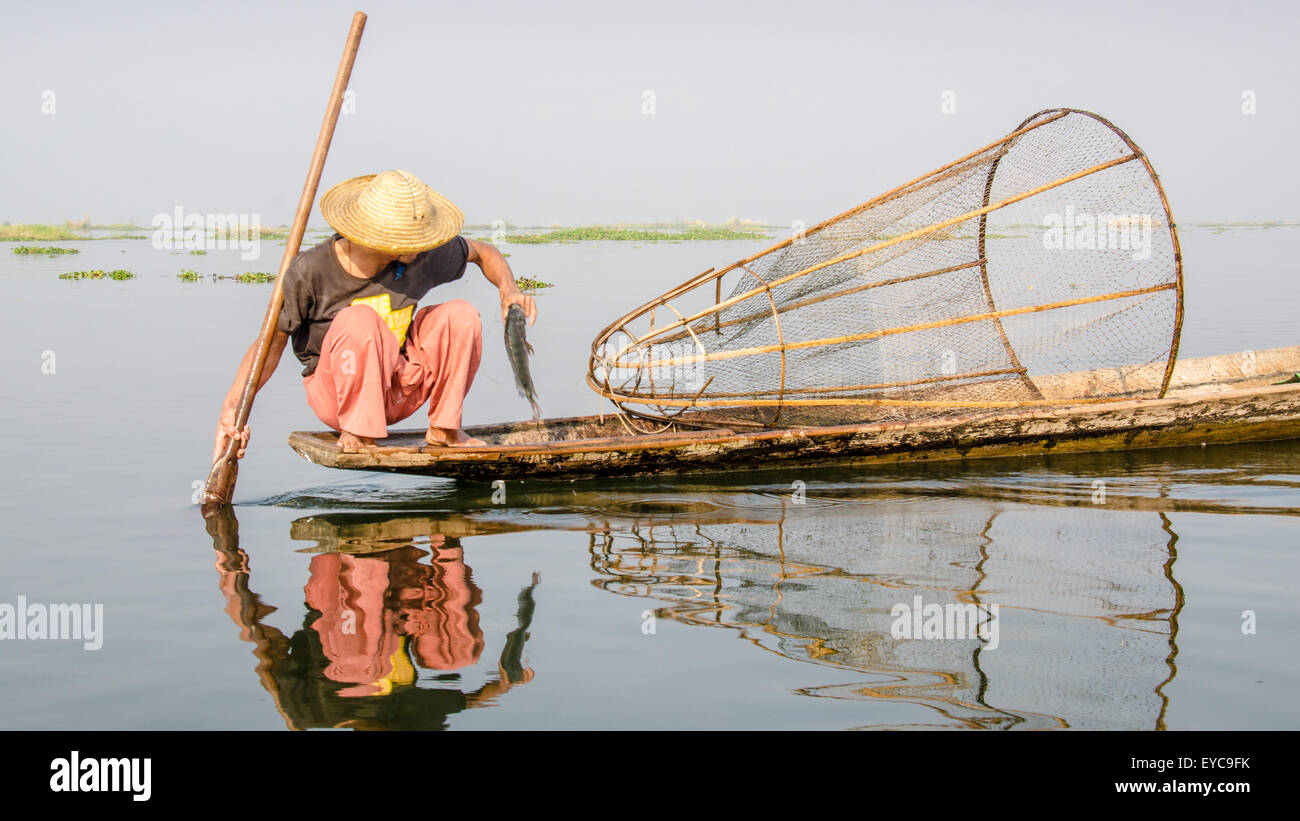 Pêcheur du lac Inle avec poissons, l'État de Shan, Myanmar Banque D'Images