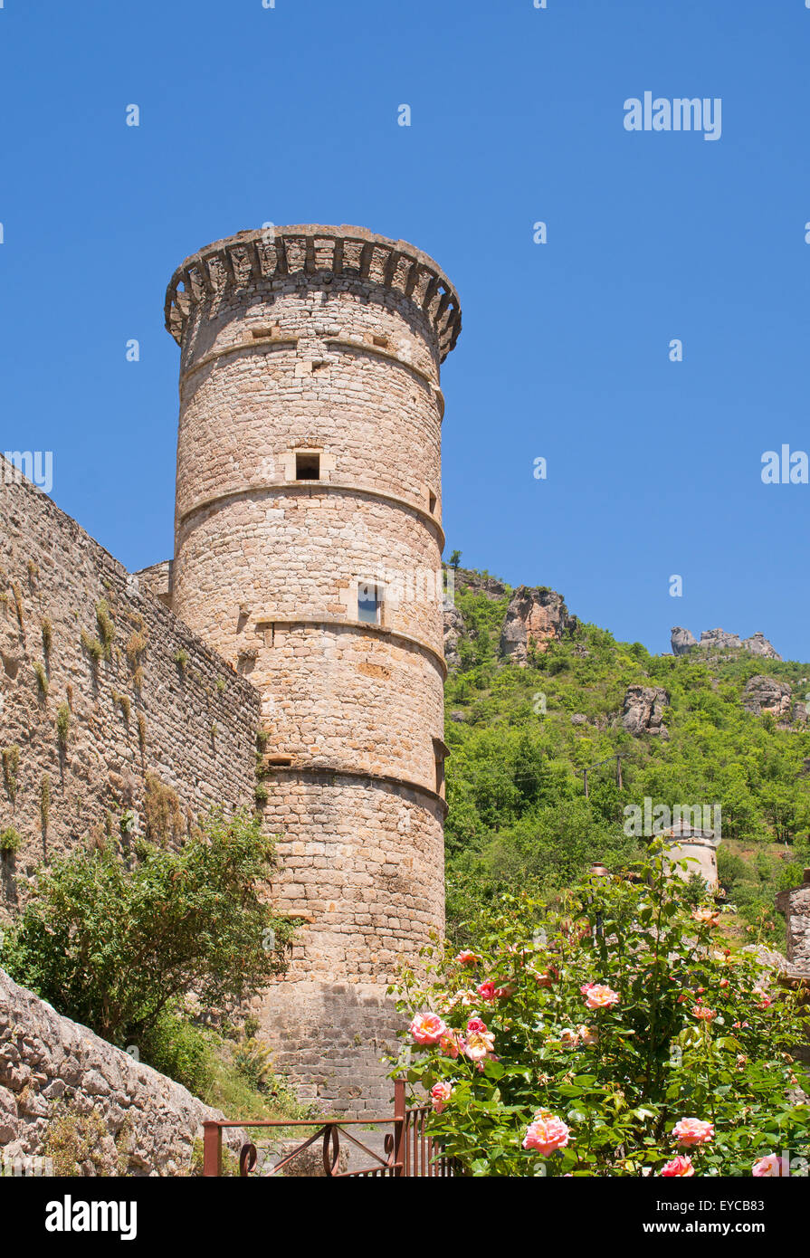 La tour circulaire dans le village de La Roque-Sainte-Marguerite dans la vallée de la Dourbie, près de Millau, France, Europe Banque D'Images