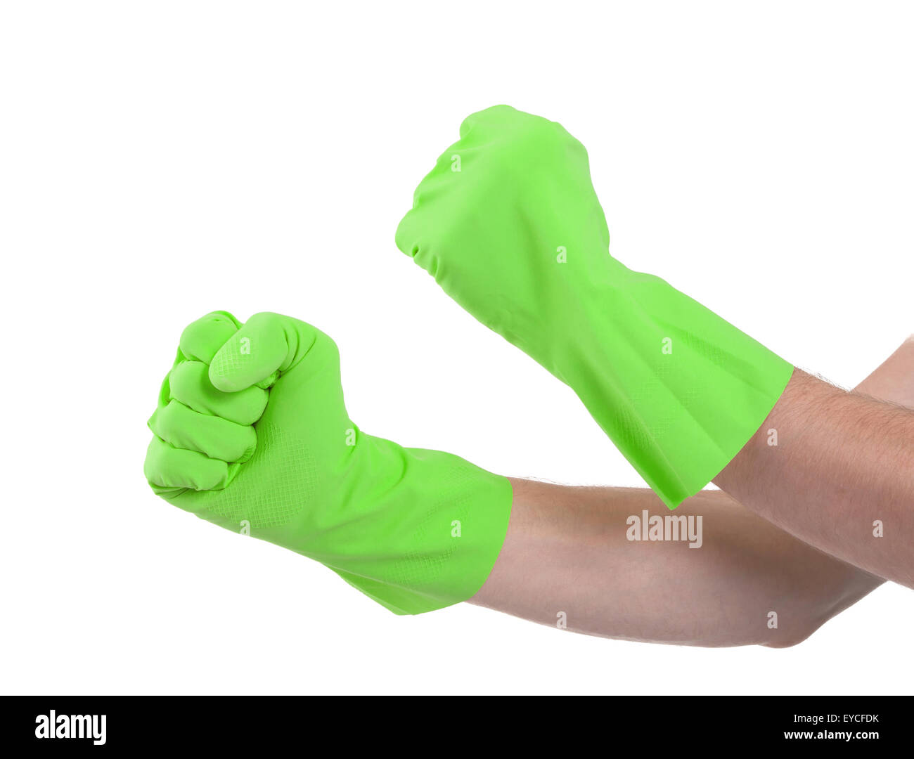 Dans les mains d'un des gants de caoutchouc gesturing fist isolé sur fond blanc Banque D'Images