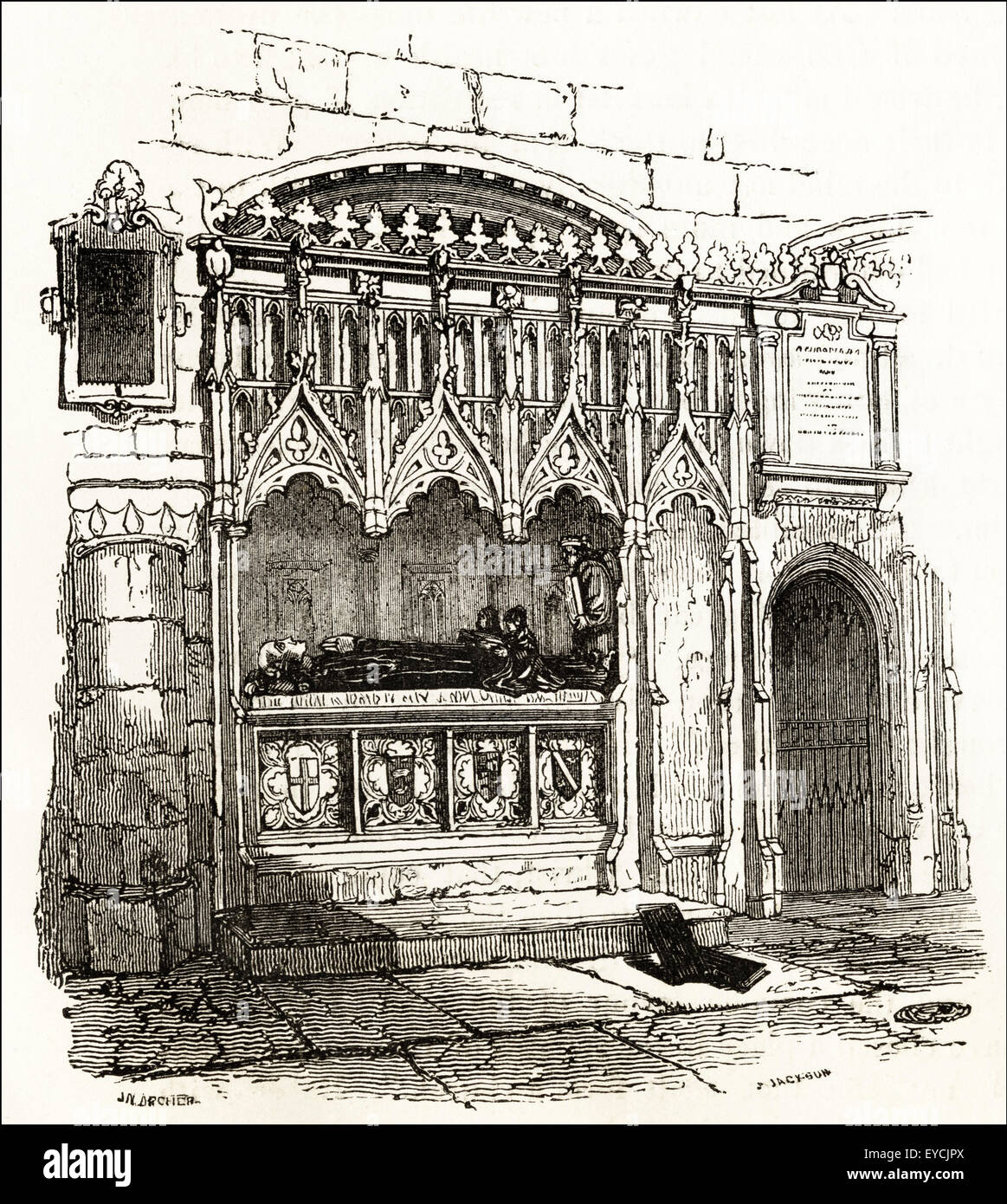 Avant le tombeau de Rahere intérieur de l'église St Barthélemy Smithfield Londres. La gravure sur bois victorien circa 1845. Banque D'Images