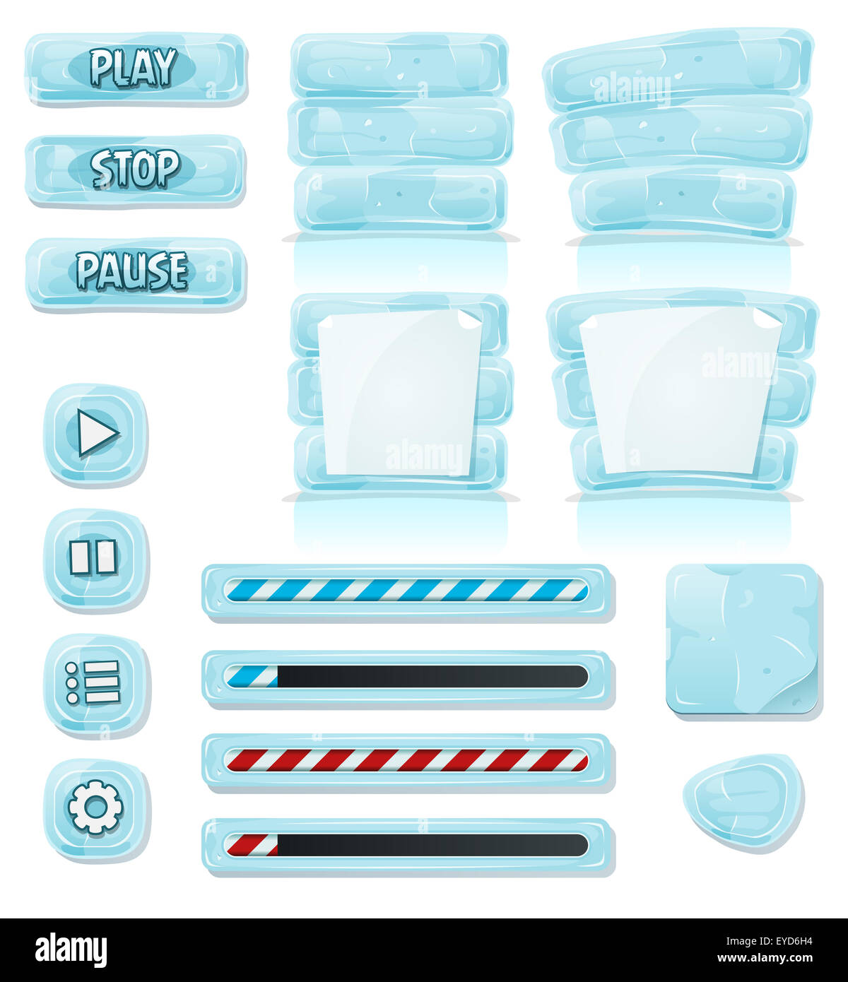 Illustration d'une série de jeu d'interface utilisateur design dessin animé de glace et éléments en verre y compris des banderoles, panneaux, boutons, barre de charge et un Banque D'Images