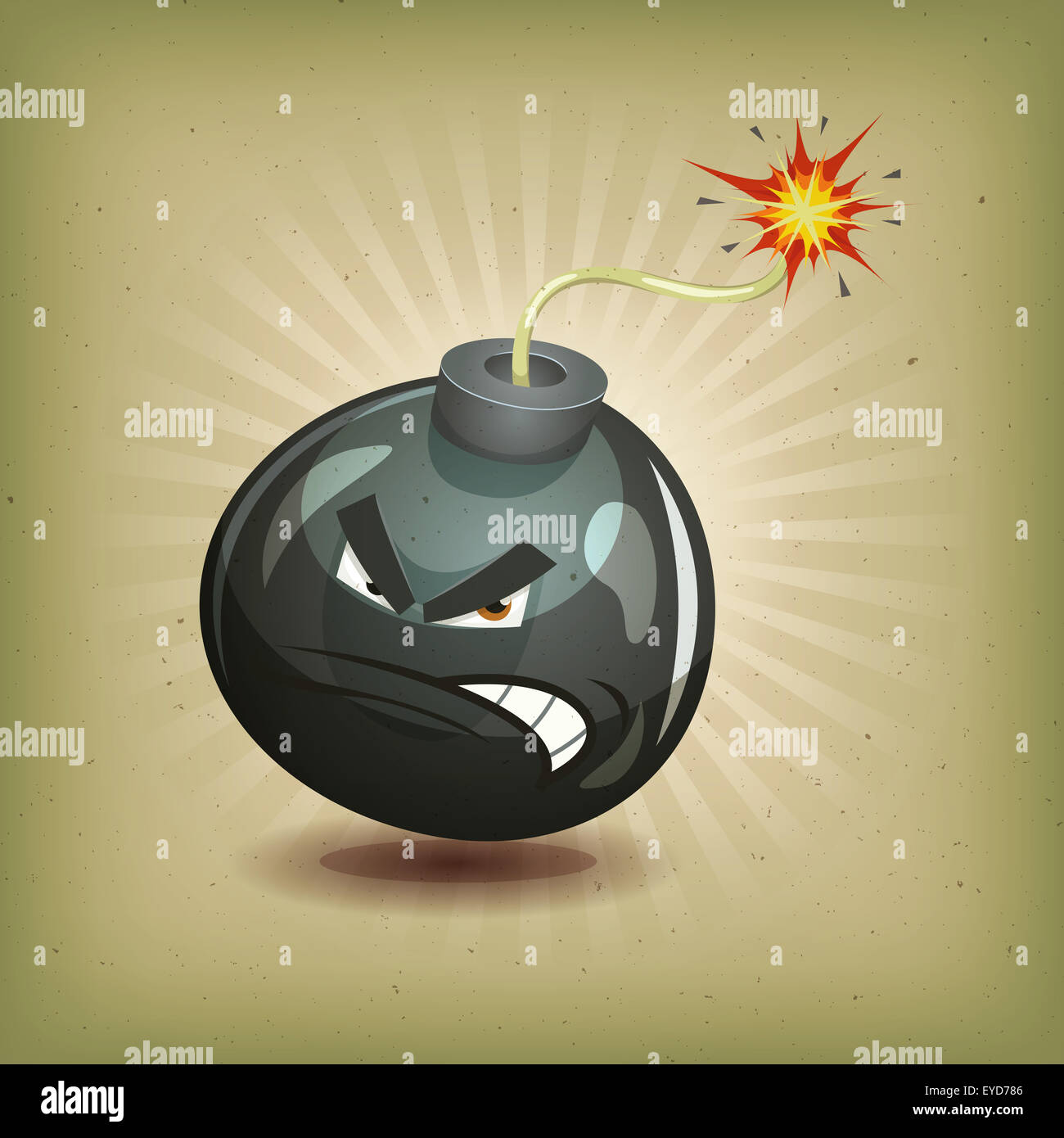 Illustration d'un cartoon angry black bomb caractère sur le point d'exploser avec mèche brûlant, sur vintage rétro arrière Banque D'Images