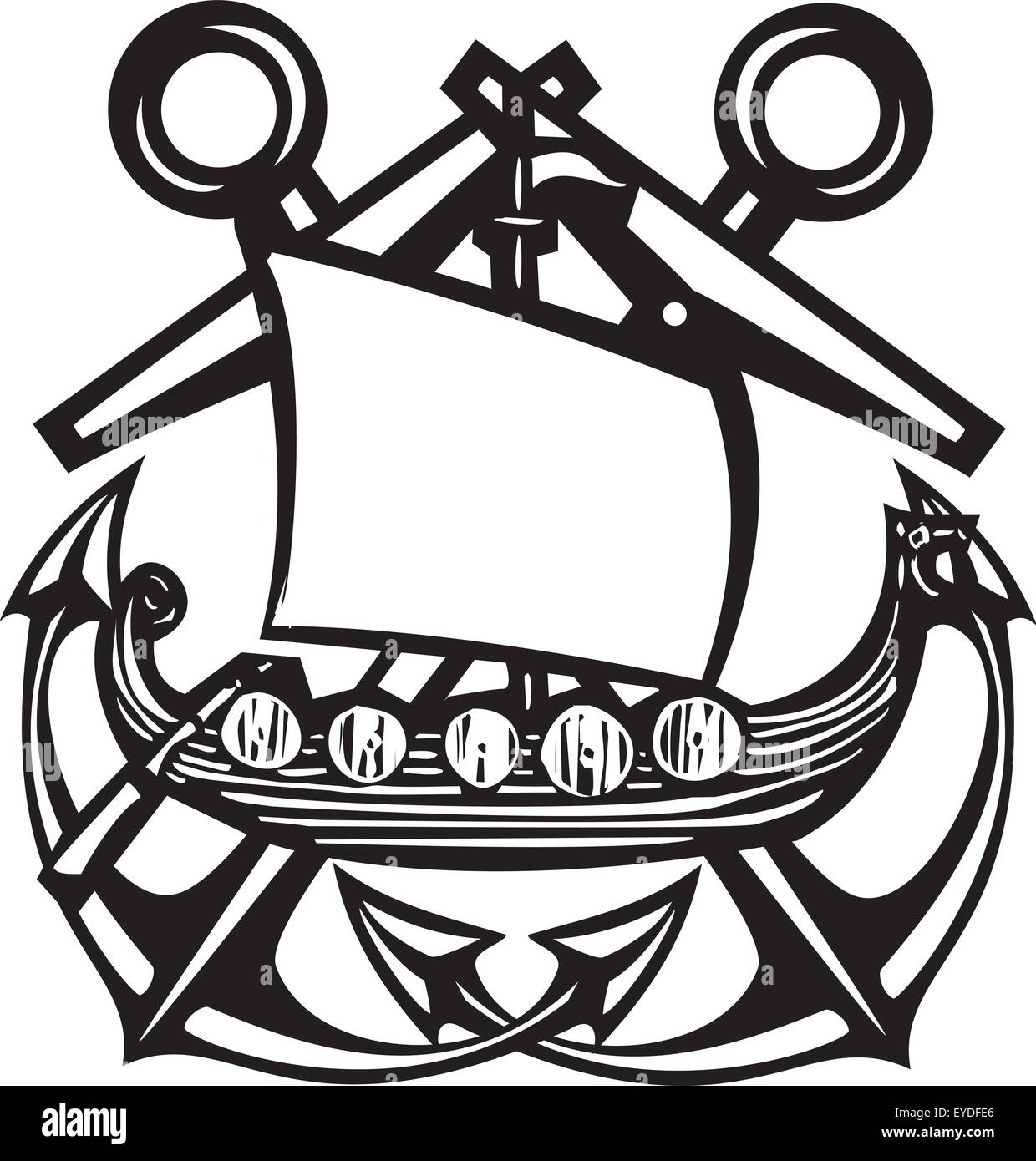 Gravure sur bois croisés avec ancres flottantes style viking ship Illustration de Vecteur