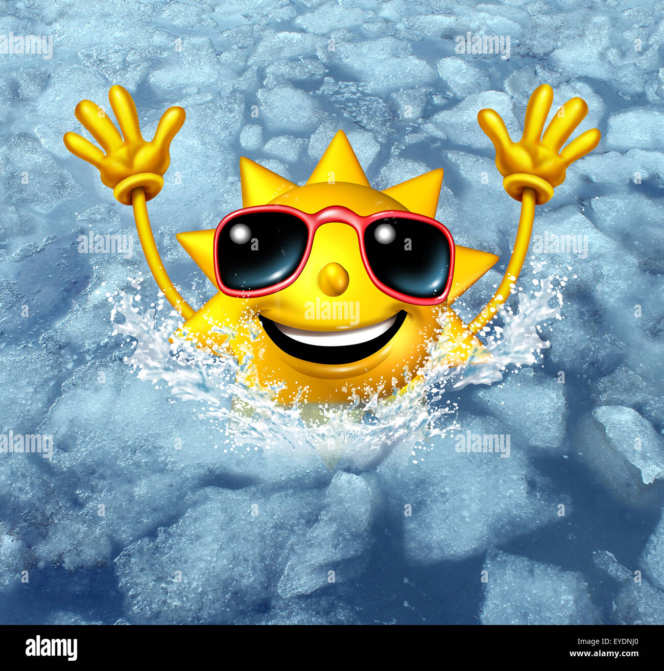 Relations sérieuses in et off Coooling refroidir concept comme un heureux caractère chaud soleil plonger dans l'eau gelée que comme un symbole pour la gestion de temps chaud, la chaleur d'été et pause rafraîchissante d'une canicule. Banque D'Images