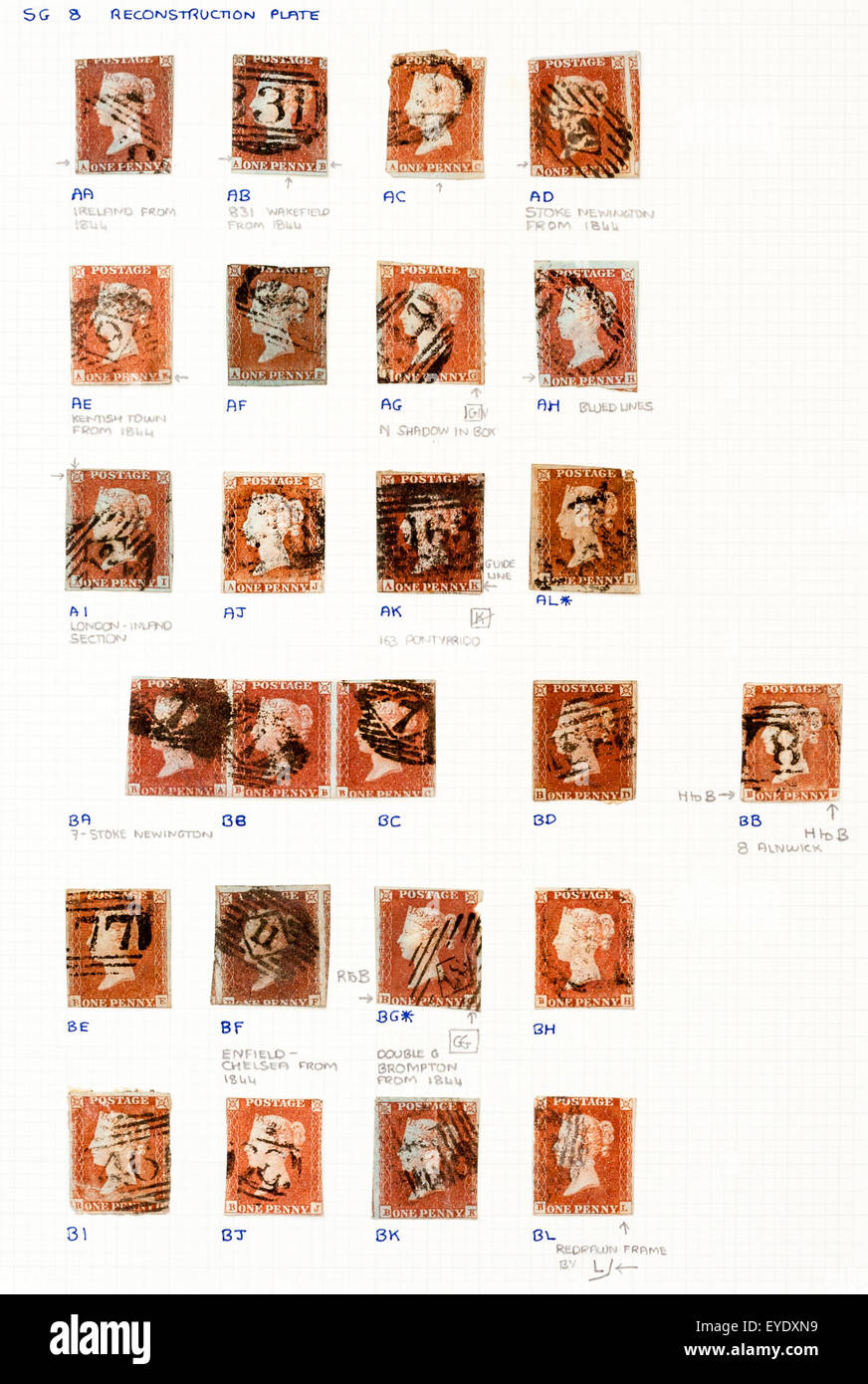 Collection de timbres de l'époque victorienne. Page de l'album montrant reconstruit d'un un sou la plaque rouge avec annotations donnant les détails des défauts et oblitérations. Banque D'Images