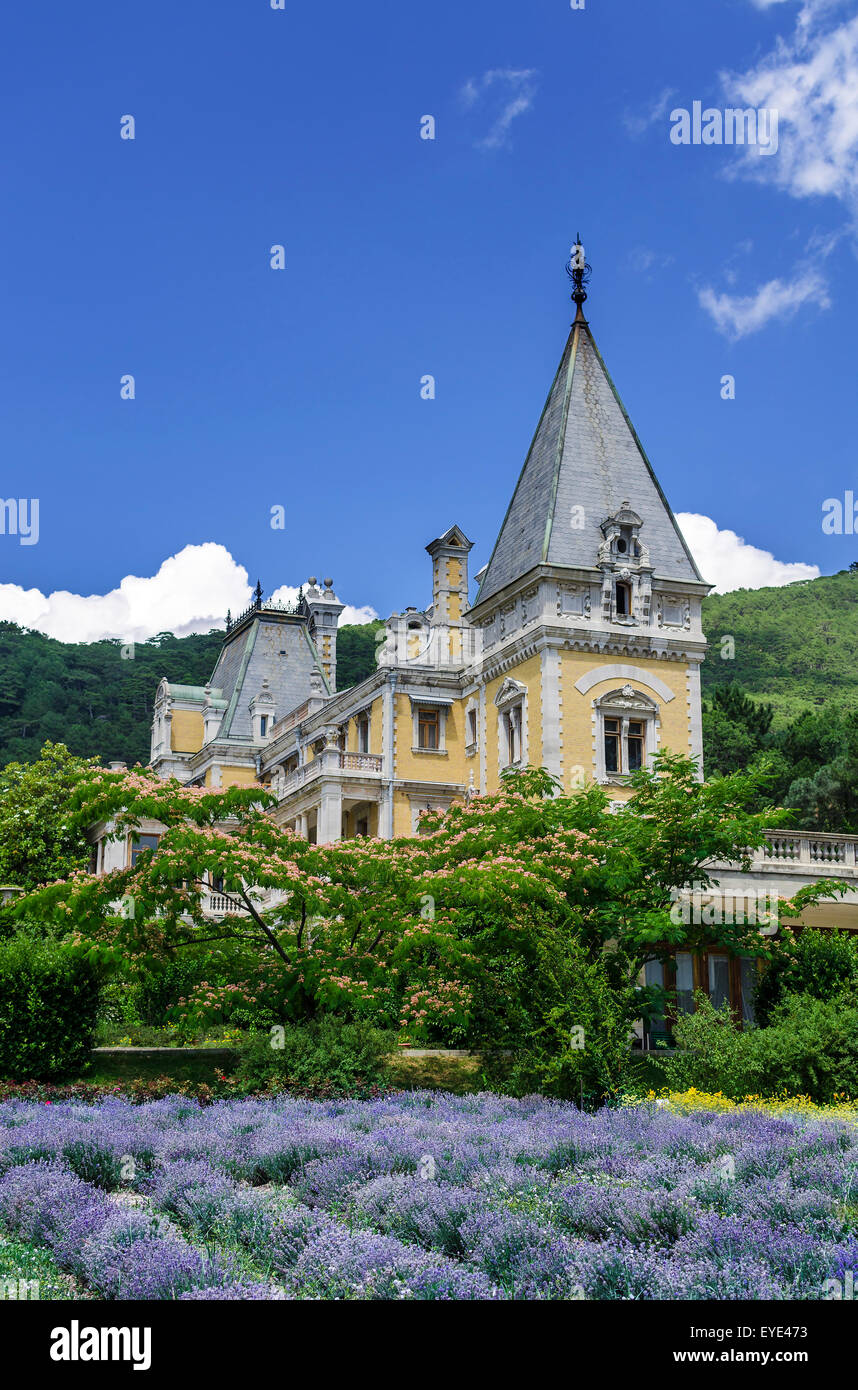 Palais Massandra Massandra Yalta,,, Crimée, Gurzuf, russe, château fort gothique et un champ de lavande. Banque D'Images