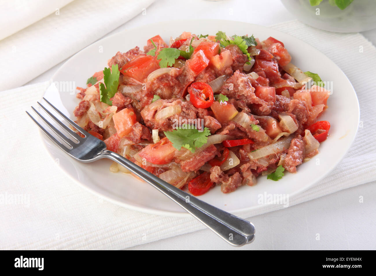 CORNED BEEF HASH CHILI épicé Banque D'Images