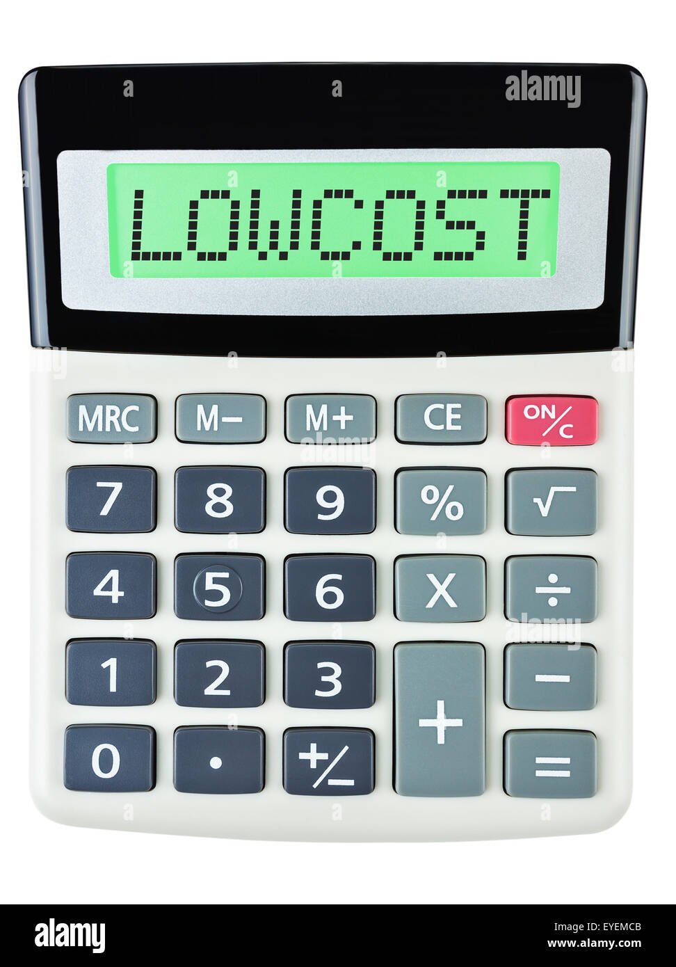 Calculatrice avec LOWCOST sur l'affichage isolé sur fond blanc Banque D'Images