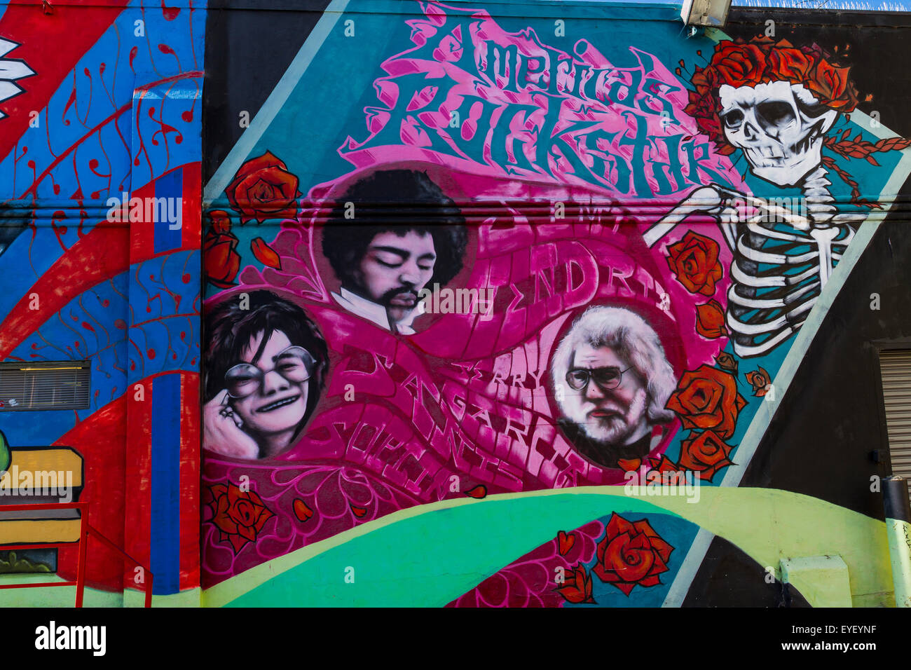 Street Mural représentant les musiciens de rock des années 60 dans le quartier Haight Ashbury de San Francisco, Californie Banque D'Images