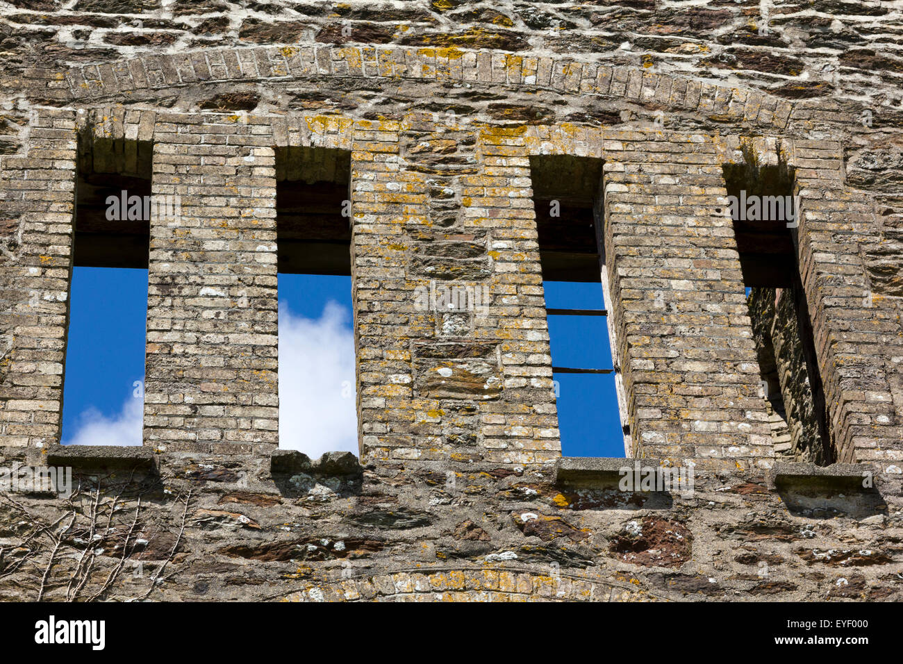 Détail de quatre fenêtres et d'arche sur le linteau ruines historiques de pignon sur le moteur Maison de papule Rose tin mine, Cornwall. Banque D'Images