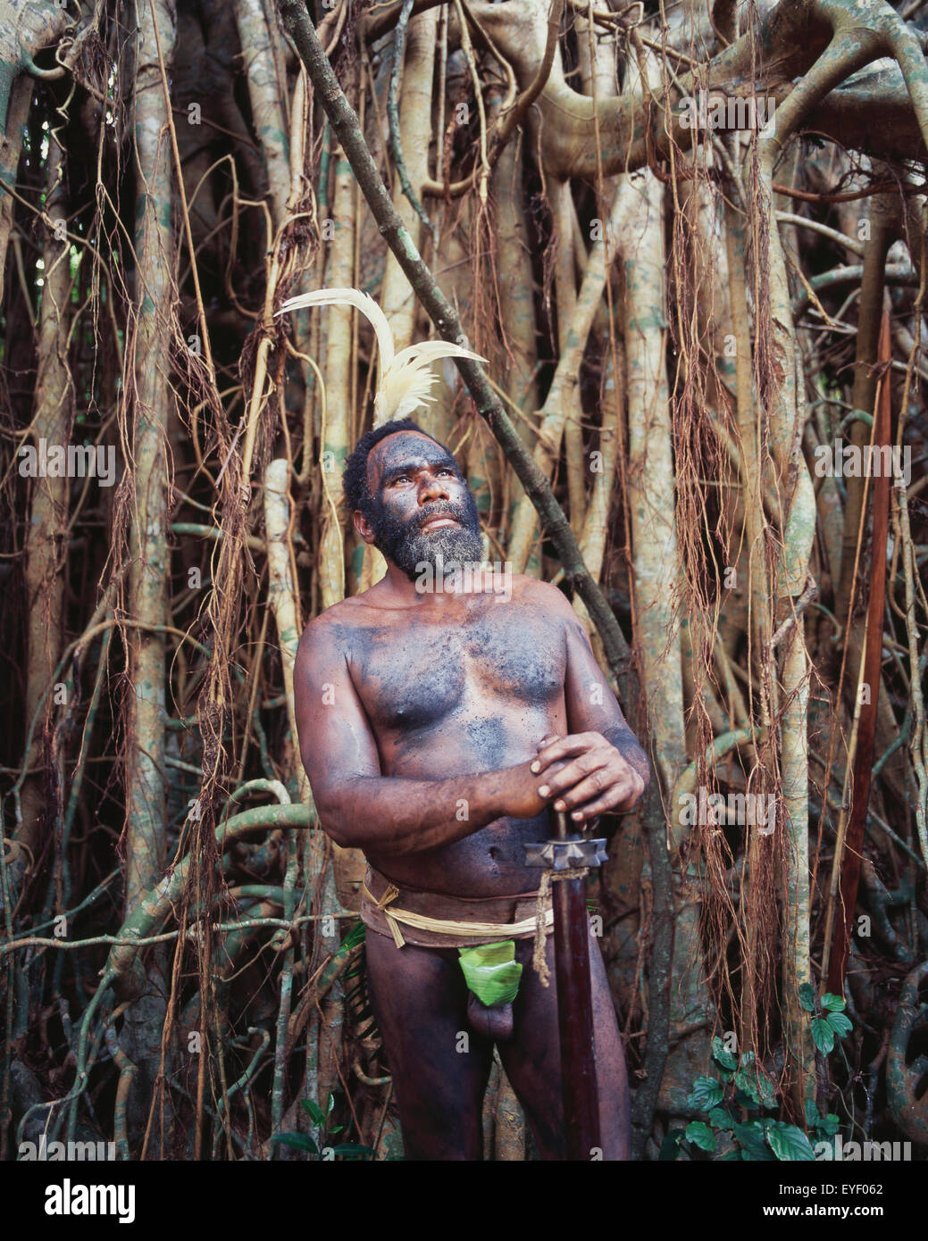 Homme Ni-Vanuatu en costume traditionnel ; l'île de Malekula, Vanuatu Banque D'Images