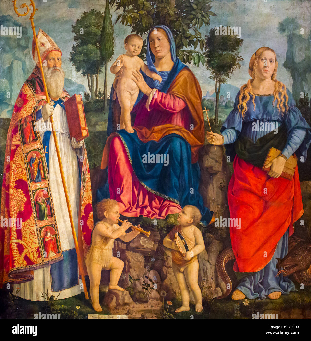 Vierge à l'enfant entre Margaret et saint Augustin, avec deux petits anges musiciens 08/01/2014 - 16e siècle Collection Banque D'Images