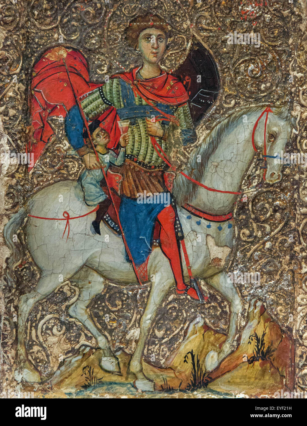 Que Represente Cette Icone Icône de Saint Georges et la jeunesse de Mytilène. Cette icône représente  une légende au sujet d'un des jeunes chrétiens en esclavage par les  musulmans sur l'île de Crète. Alors que le