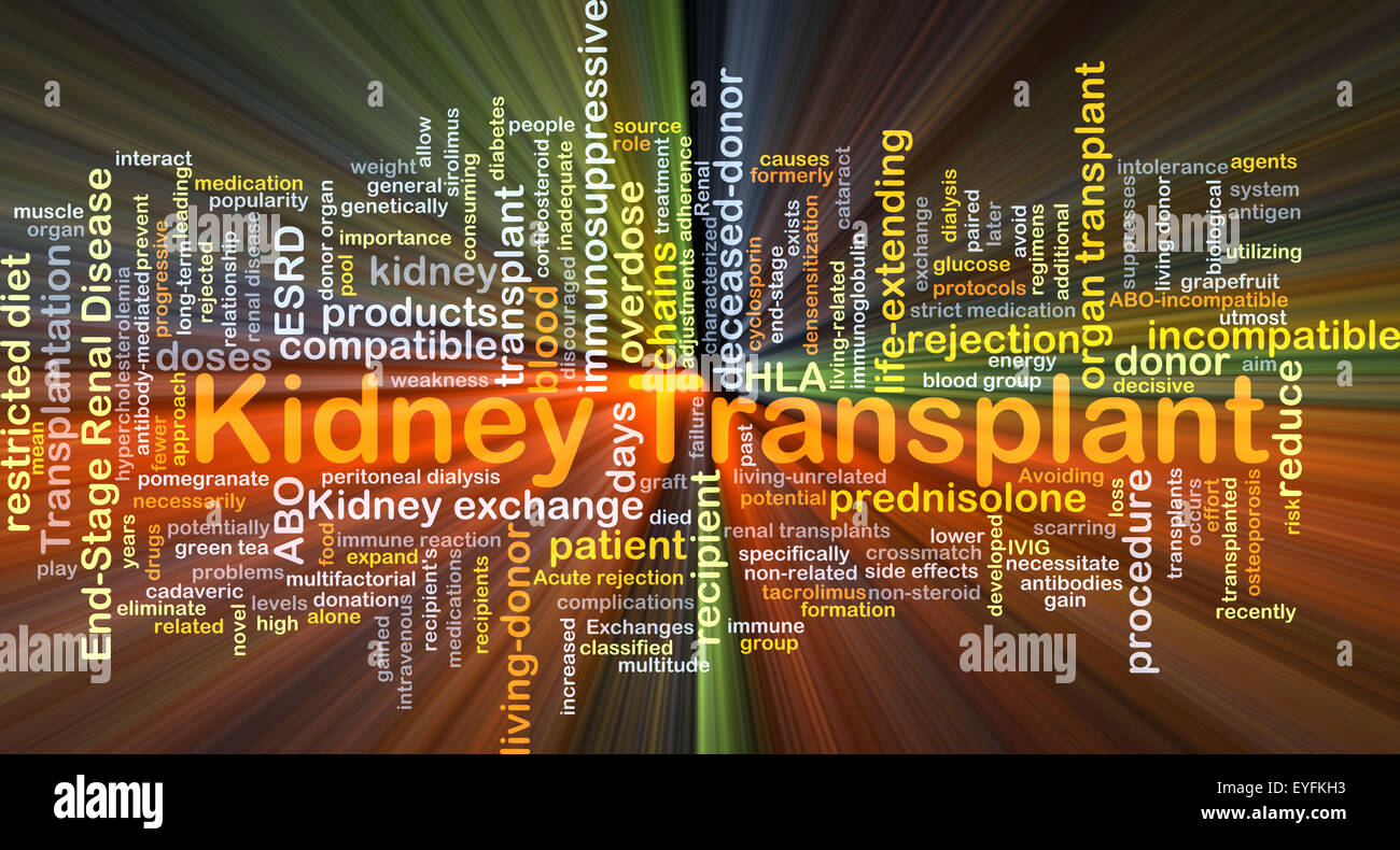 Concept d'arrière-plan wordcloud illustration de lumière brillante et d'une transplantation du rein Banque D'Images
