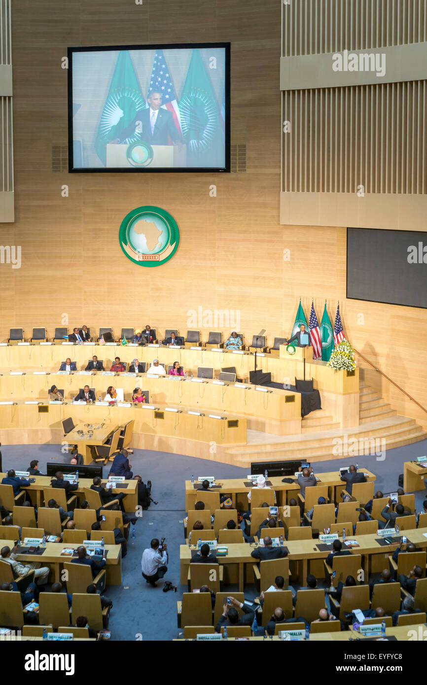 Addis Abeba, Ethiopie. 28 juillet, 2015. Le président Obama propose un discours sur le continent africain et ses dirigeants, le 28 juillet 2015, à la Nelson Mandela salle du Centre de Conférence de l'UA à Addis-Abeba, Ethiopie. Crédit : Dereje Belachew/Alamy Live News Banque D'Images