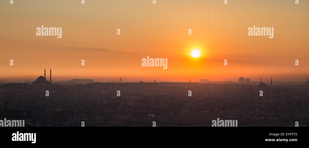 Mosquée d'Istanbul au coucher du soleil, contraste élevé profil, vue panoramique Banque D'Images