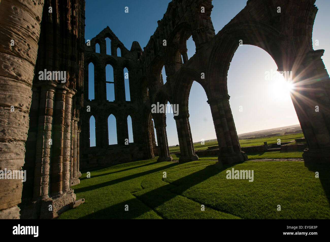Au début de l'hiver la lumière du matin dans les ruines de l'abbaye de Whitby, North Yorkshire Angleterre UK Banque D'Images