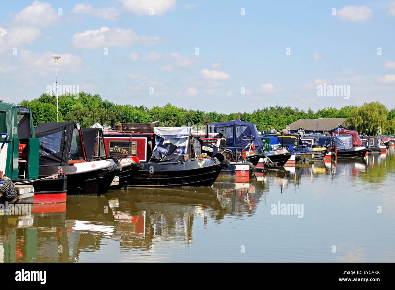 Narrowboats sur leurs amarres dans le bassin du canal, Barton Marina, Barton-under-Needwood, Staffordshire, Angleterre, Royaume-Uni, Europe. Banque D'Images