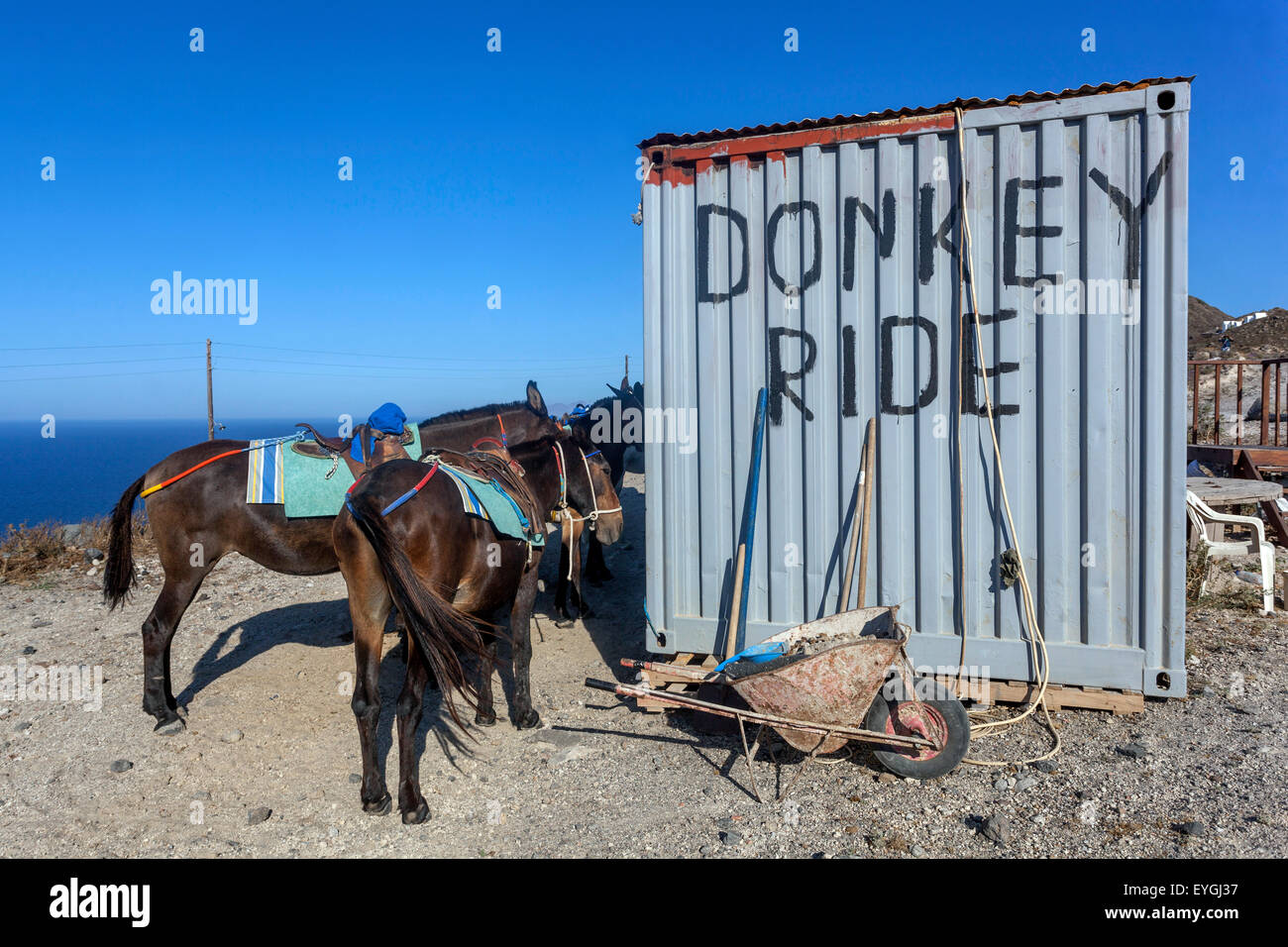 Gare routière d'âne, route vers Oia, Santorini, l'île grecque, Grèce Banque D'Images