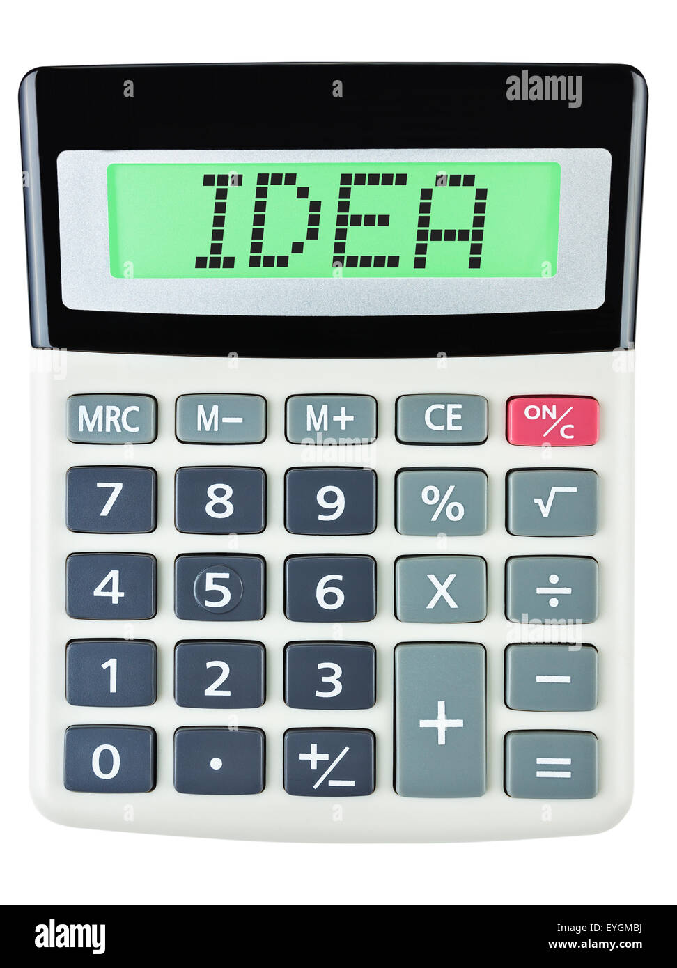 Calculatrice avec affichage sur idée isolé sur fond blanc Banque D'Images