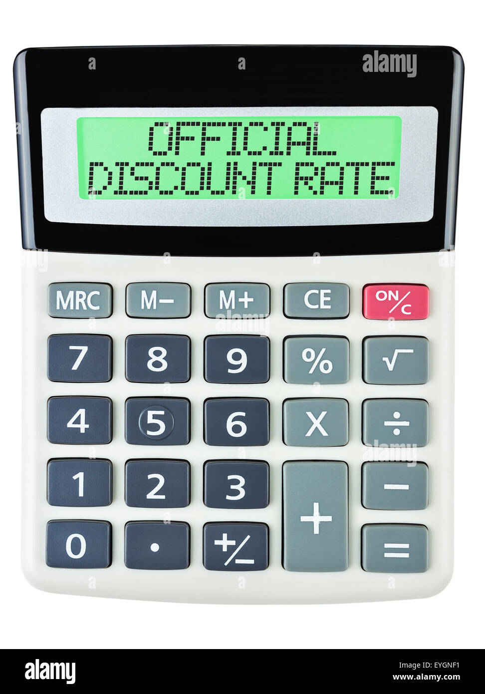 Calculatrice avec taux d'ESCOMPTE OFFICIEL sur l'affichage isolé sur fond blanc Banque D'Images
