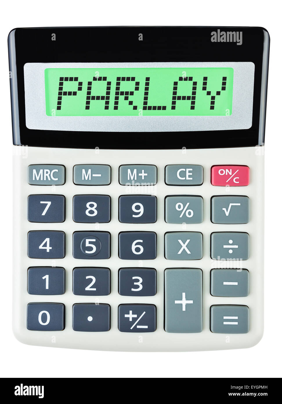 Calculatrice avec affichage sur PARLAY sur fond blanc Banque D'Images