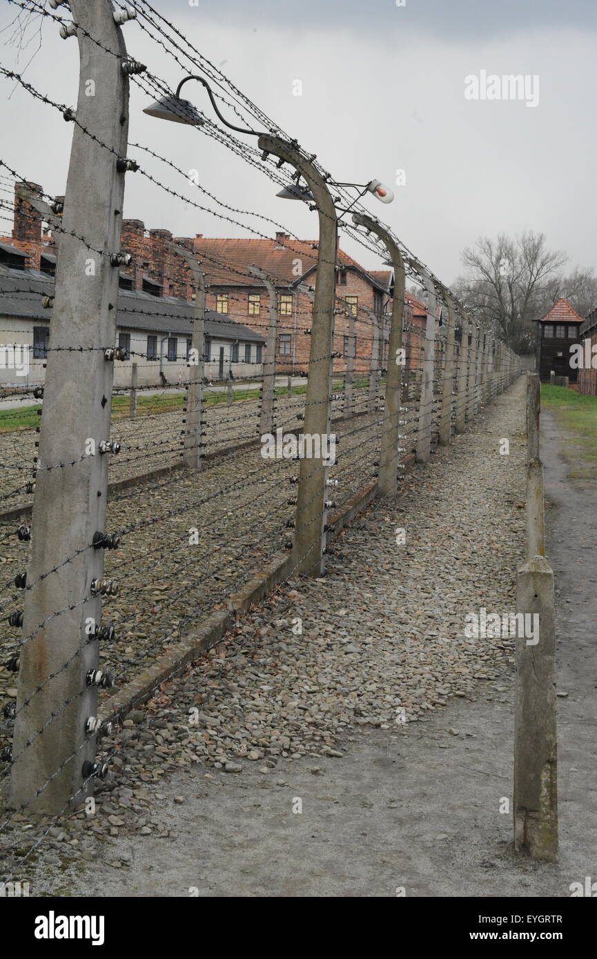 Clôture électrique à l'ancien camp de concentration d'Auschwitz site Banque D'Images