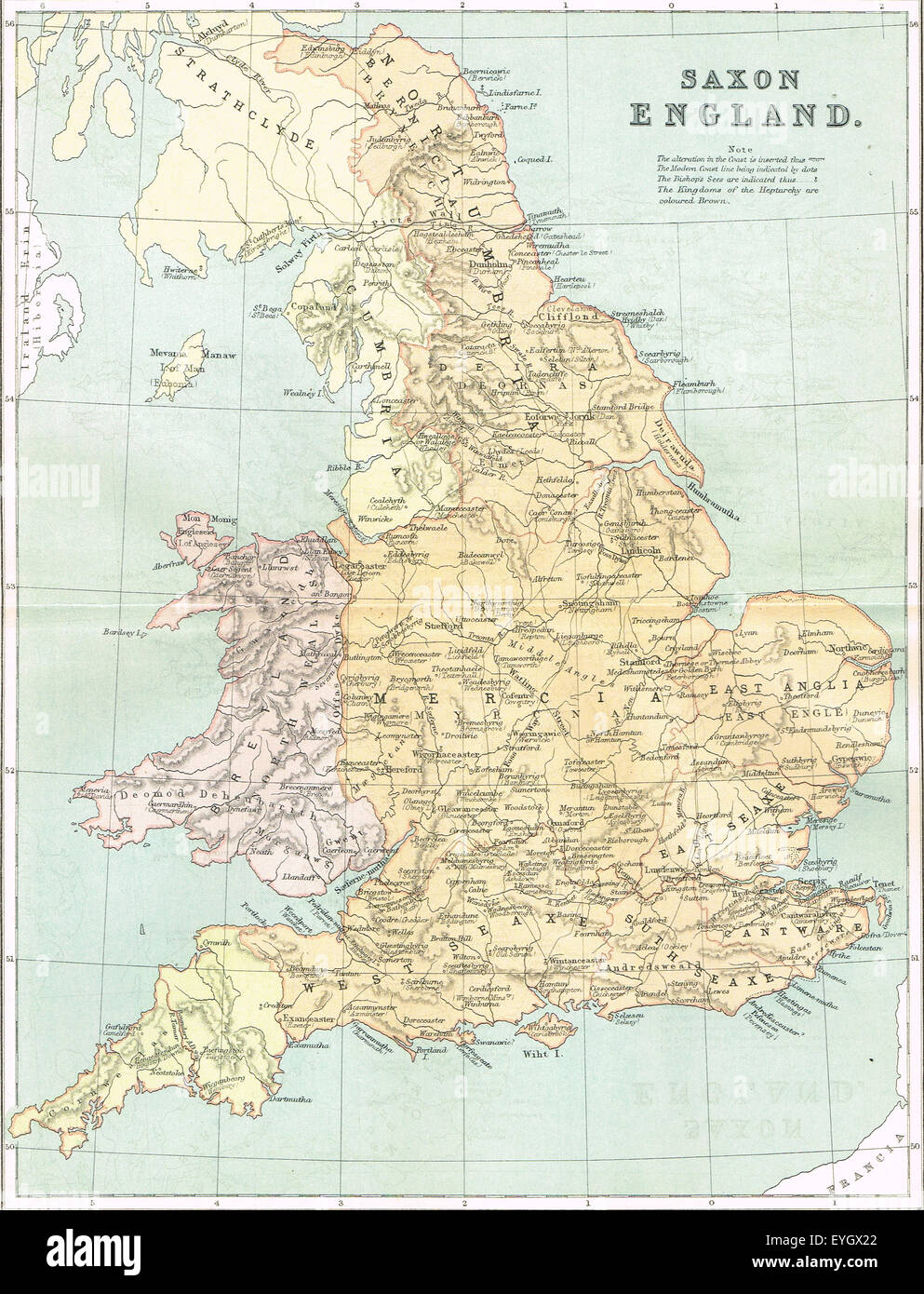 1896 Carte des couleurs de l'Angleterre saxonne Banque D'Images