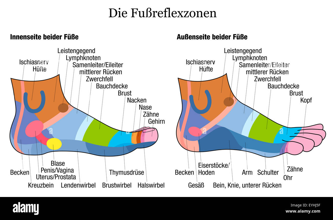 Réflexologie des pieds tableau - à l'intérieur et l'extérieur voir des pieds - en allemand. Banque D'Images